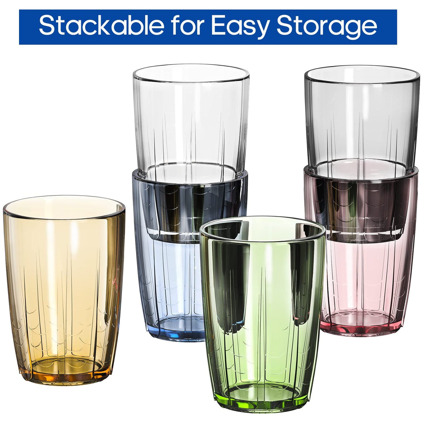 ZEAYEA Set of 6 Acrylic Drinking Cups, 14 oz Unbreakable Water Tumbler, Reusable Plastic Drinking Glasses, Stackable Beverage Tumbler for Juice, Lemonade, Ice Coffee, BPA-free, Dishwasher Safe