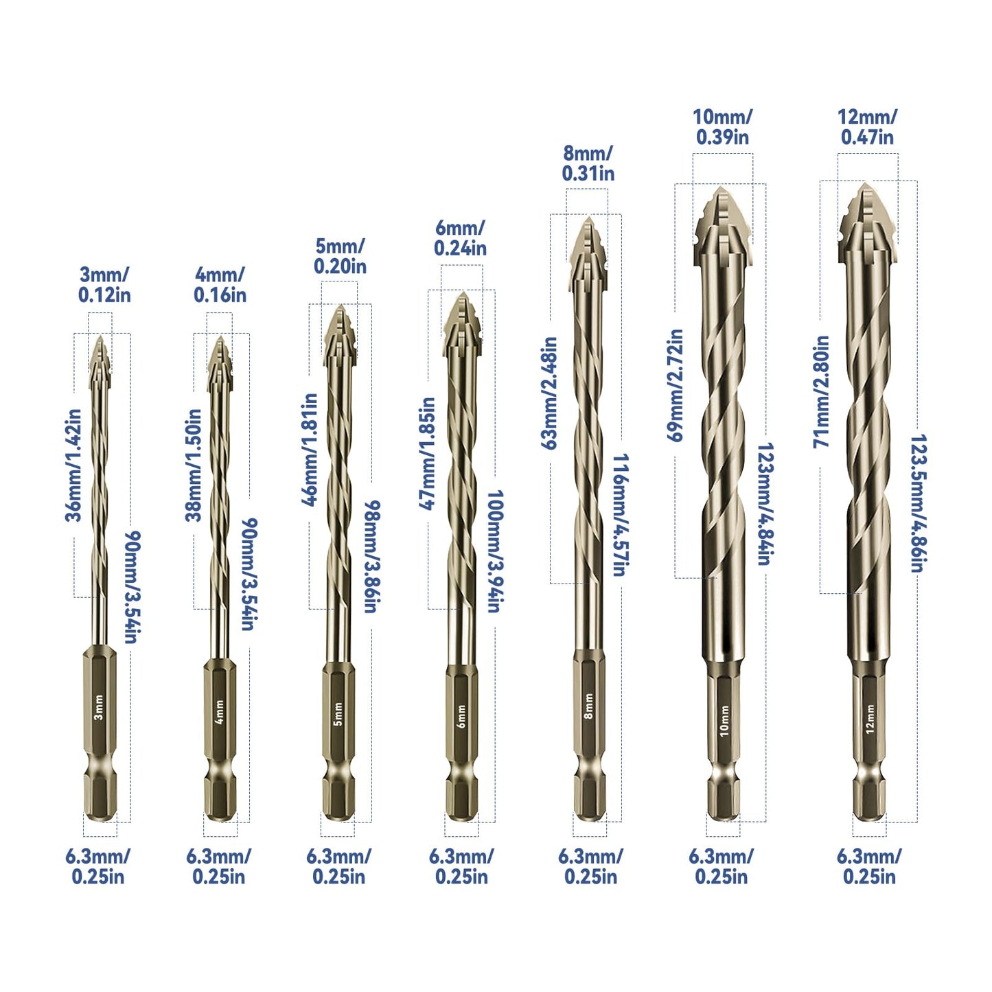 Four-Flute Sawtooth Eccentric Drill Bit, Multifunction Drill Bit Set High Hardness Skewed Head Eccentric Drill (Yellow,7PC: 3/4/5/6/8/10/12MM)