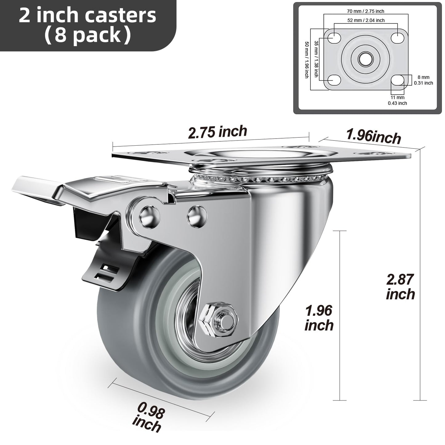 Caster Wheels, 2 inch Casters, Casters Set of 8 Heavy Duty - CLOATFET Locking Caster Wheels, Swivel with Brake (Top Plate), Non Marking Grey TPR Rubber Castor Wheels for Cart Furniture Workbench