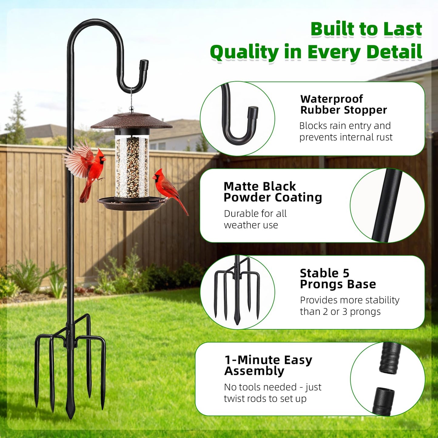 COCONUT 62" Heavy Duty Shepherds Hooks for Outdoor, Bird Feeder Pole with 5 Prong Base, Adjustable Height Shepherds Hook for Hummingbird Feeder, Bird Feeder, Plant, Wind Chimes, Lanterns (1 Pack)