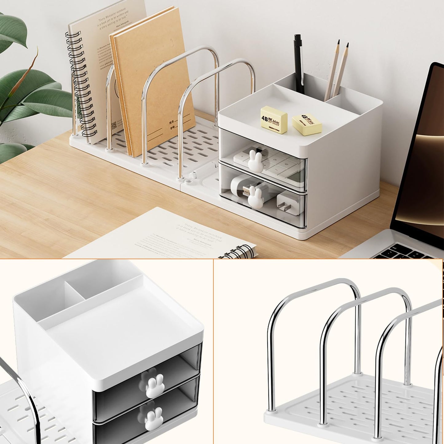 Desk Organiser with File Holder & Drawers, Versatile Desk Tidy Stationery Storage Pen Holder, Large Capacity Desktop Organizer for School Office Home (White)