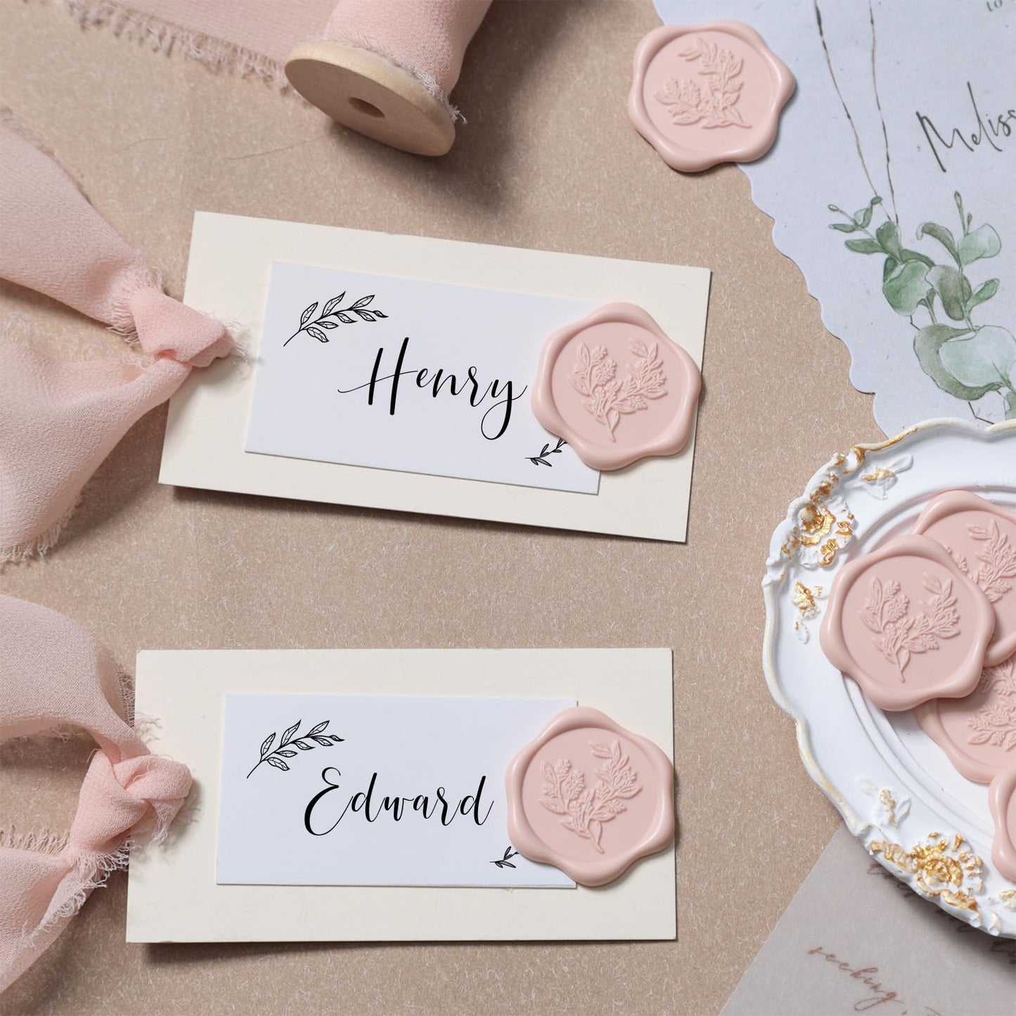 UNIQOOO Wax Seal Stickers - Eucalyptus Wedding Invitation Envelope Seal Stickers, 50 Pcs Self- Adhesive Blush Pink Stickers, Perfect for Invitation, Christmas, Gift Wrapping, Party