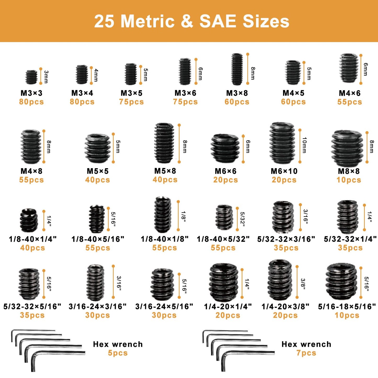 VIGRUE 1105PCS 25 Sizes Metric & SAE Set Screw Assortment Kit Internal Hex Drive Allen Grub Screws Set Cup-Point Alloy Steel, M3 to M8 and 1/8-40 to 5/16-18