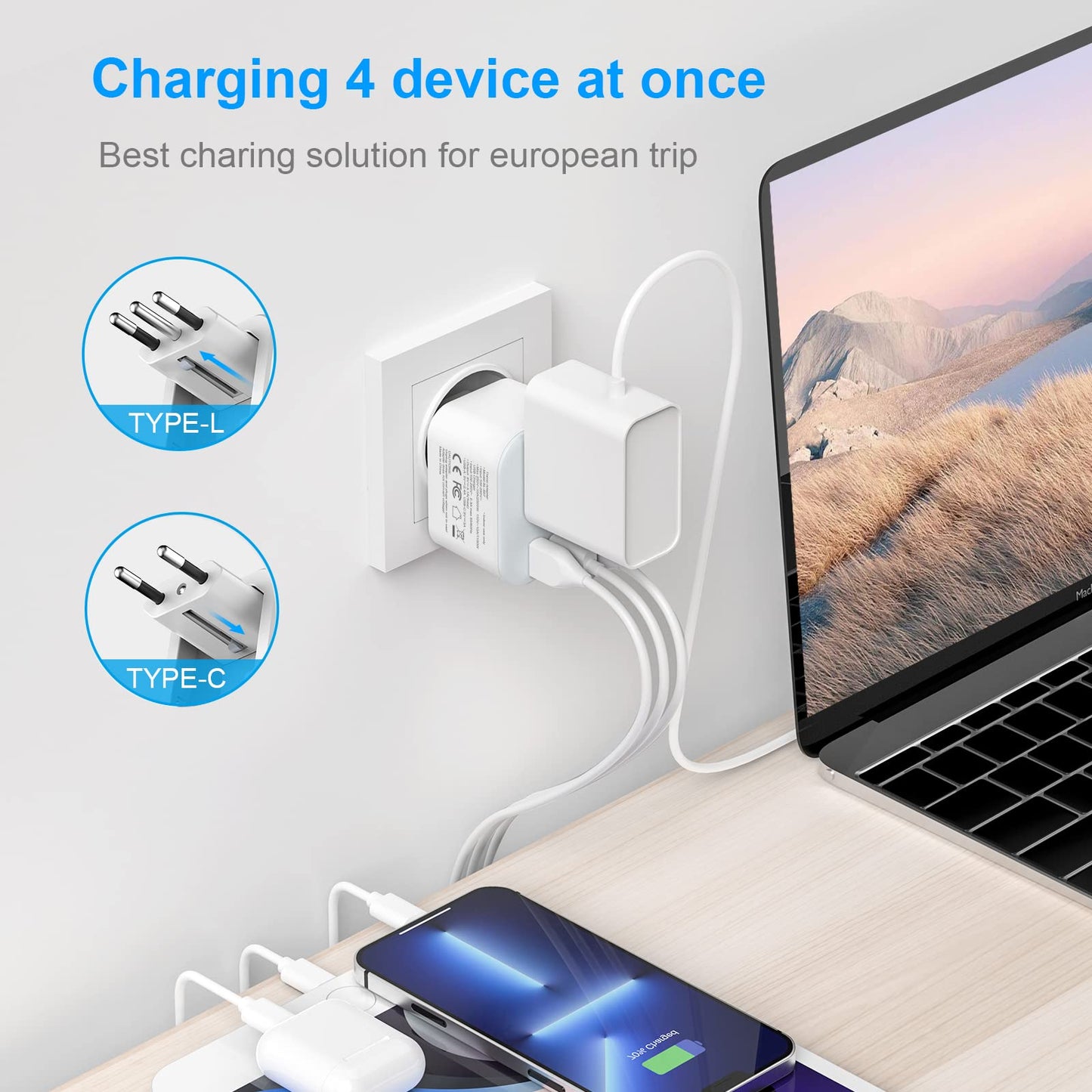 2 Pack European Travel Plug Adapter, VYLEE Foldable Travel Adapter with 3 USB (1 USB C Port) and 1 AC Outlets Charger for Canada to Most of Europe - EU France Germany Spain Italy