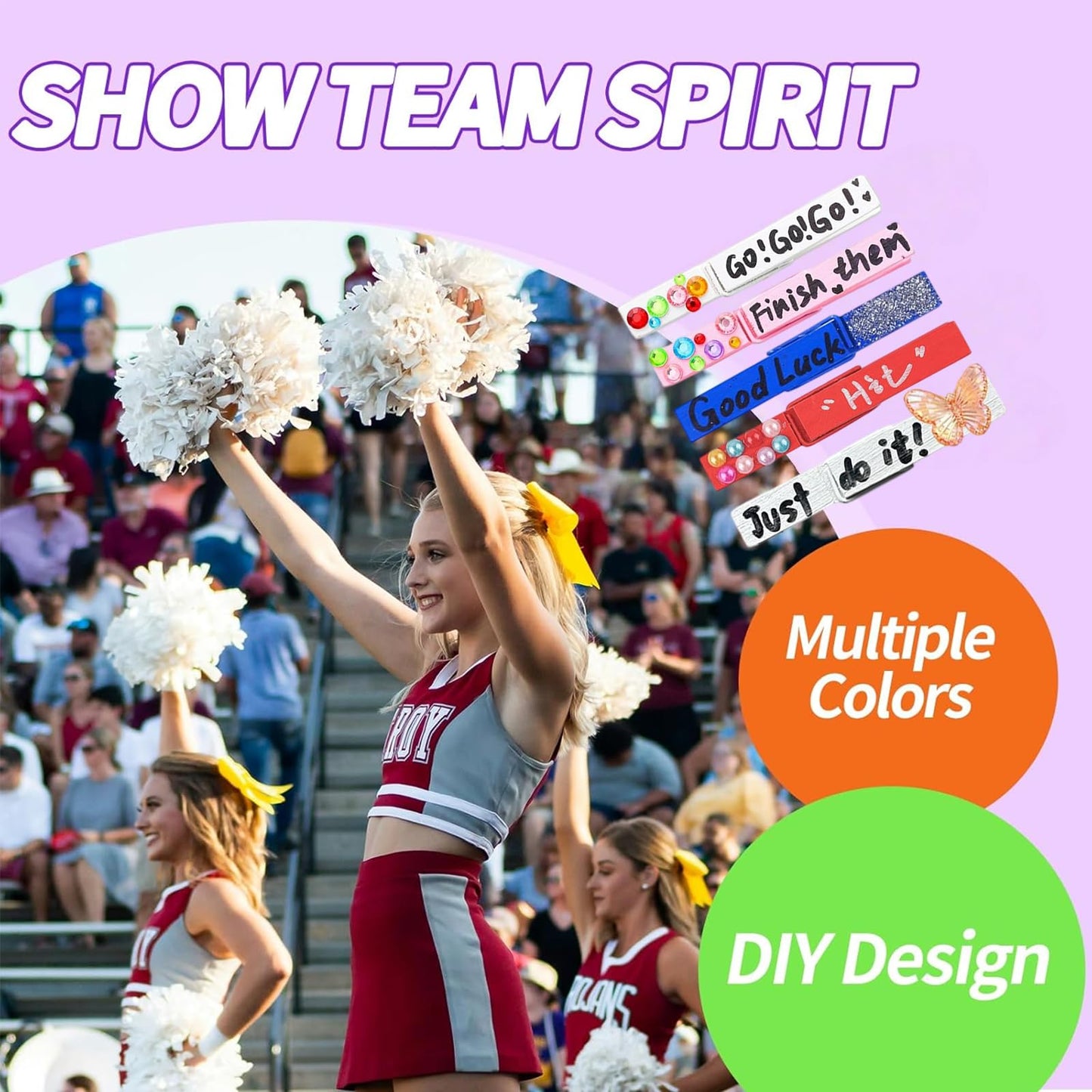 50 Set Cheer Pins Spirit Clips, Wooden Clothespins DIY Cheerleader Clips with Mini Resin Charms and Letter Beads for Backpacks & Classroom Crafts, Cheer Gifts Bulk for Team Girl