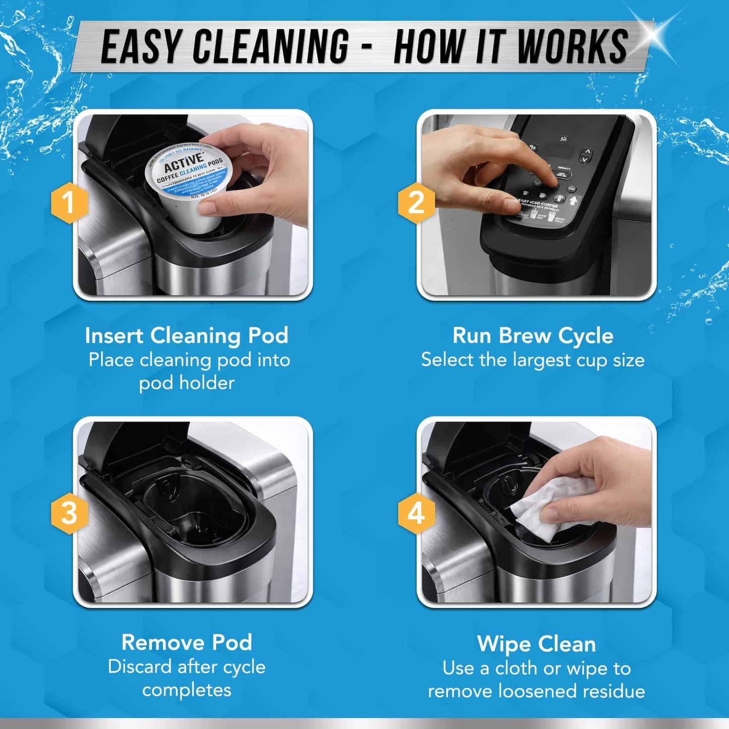 ACTIVE K-Cup Compatible Keurig Cleaning Pods - Quick-Rinse Cleaners for Single Serve Coffee Machine, 12 Month Coffee Maker Cleaner Kit, Brewer Clean Cups for Keurig 1.0, 2.0, Mini Machines - 12 Pack