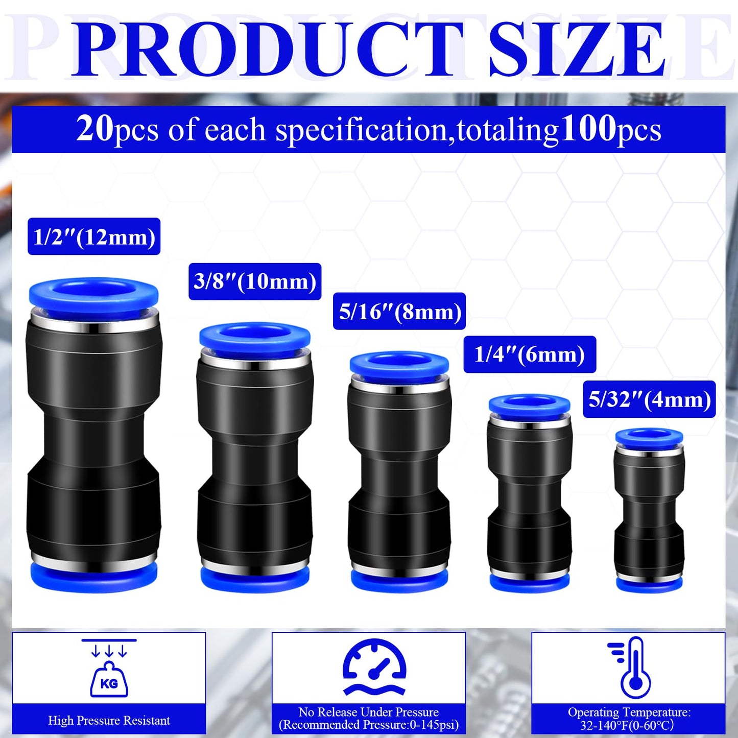 Supkiir 100Pcs Straight Push Connectors, Plastic Pneumatic Connectors Quick Release Push to Connect Fittings Kit, Air Hose Fittings Air Line Fittings for 4 6 8 10 12 mm Tube