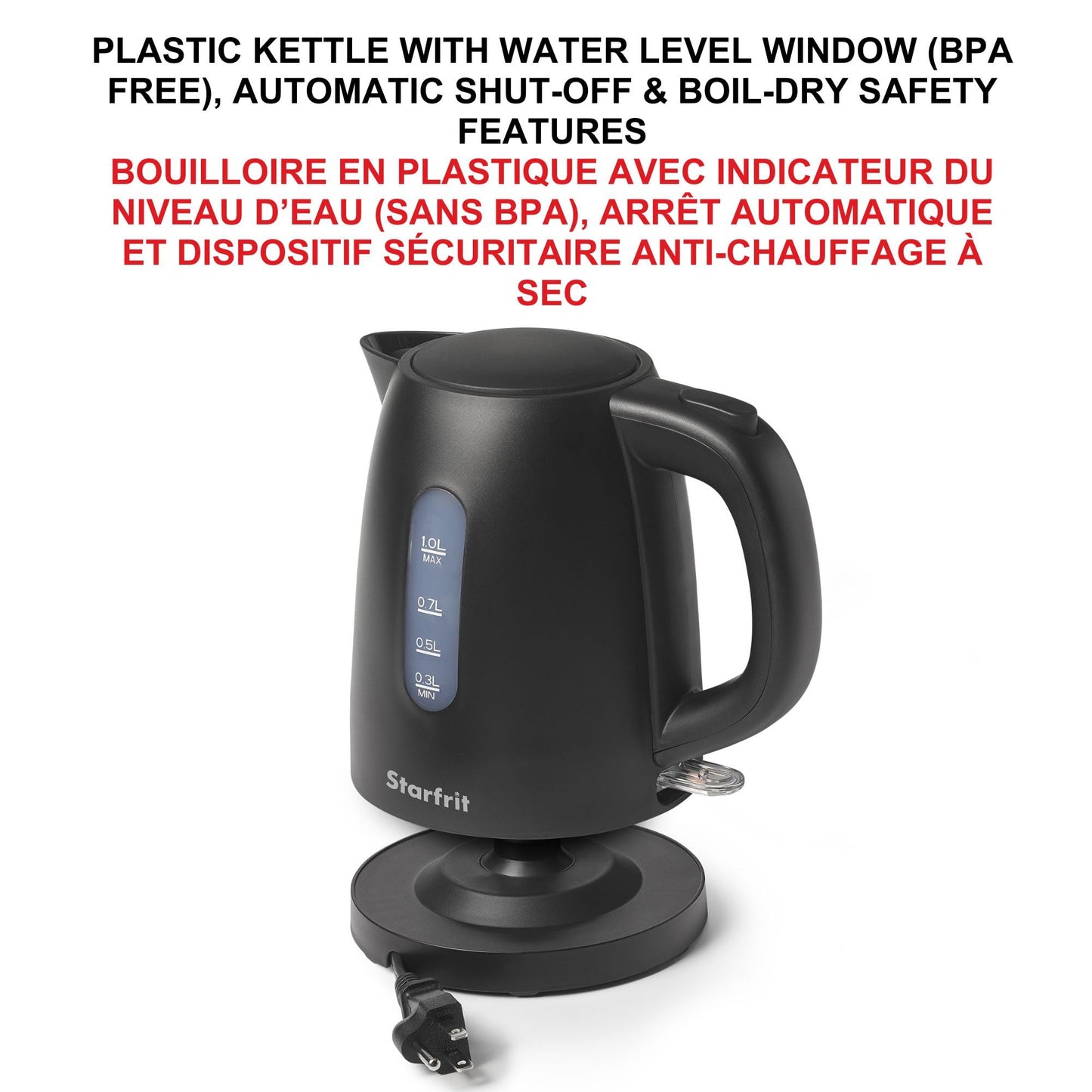 Starfrit Alston Electric Plastic Kettle - 1L Capacity - Water Level Indicator - Automatic Shut-Off - 1500W - Black Matte