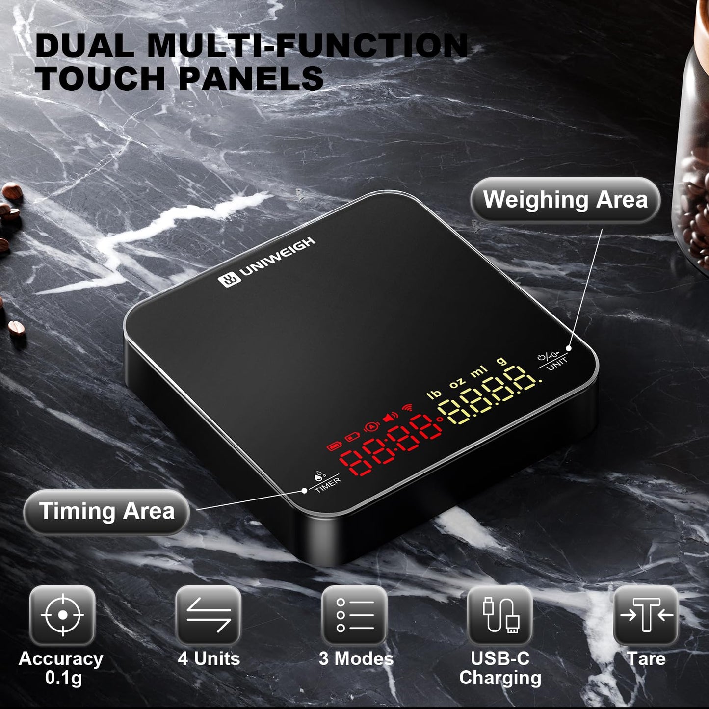 UNIWEIGH Mini Coffee Scale with Timer,Rechargeable Espresso Scale,2kg/0.1g Precision Scale for Espresso and Pour-Over Coffee, Portable Digital Kitchen Scale with Automatic Timing,Black