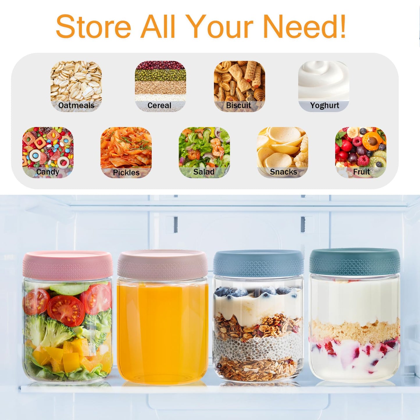 16 OZ Overnight Oats Jar,6 Pack Glass Jar with Lid and Spoon,Reusable Wide Mouth Mason jars for Overnight Oats,Yogurt Snacks Fruit, Salad Dressing, Sauce,Cereal-Leak Proof(500 ml)