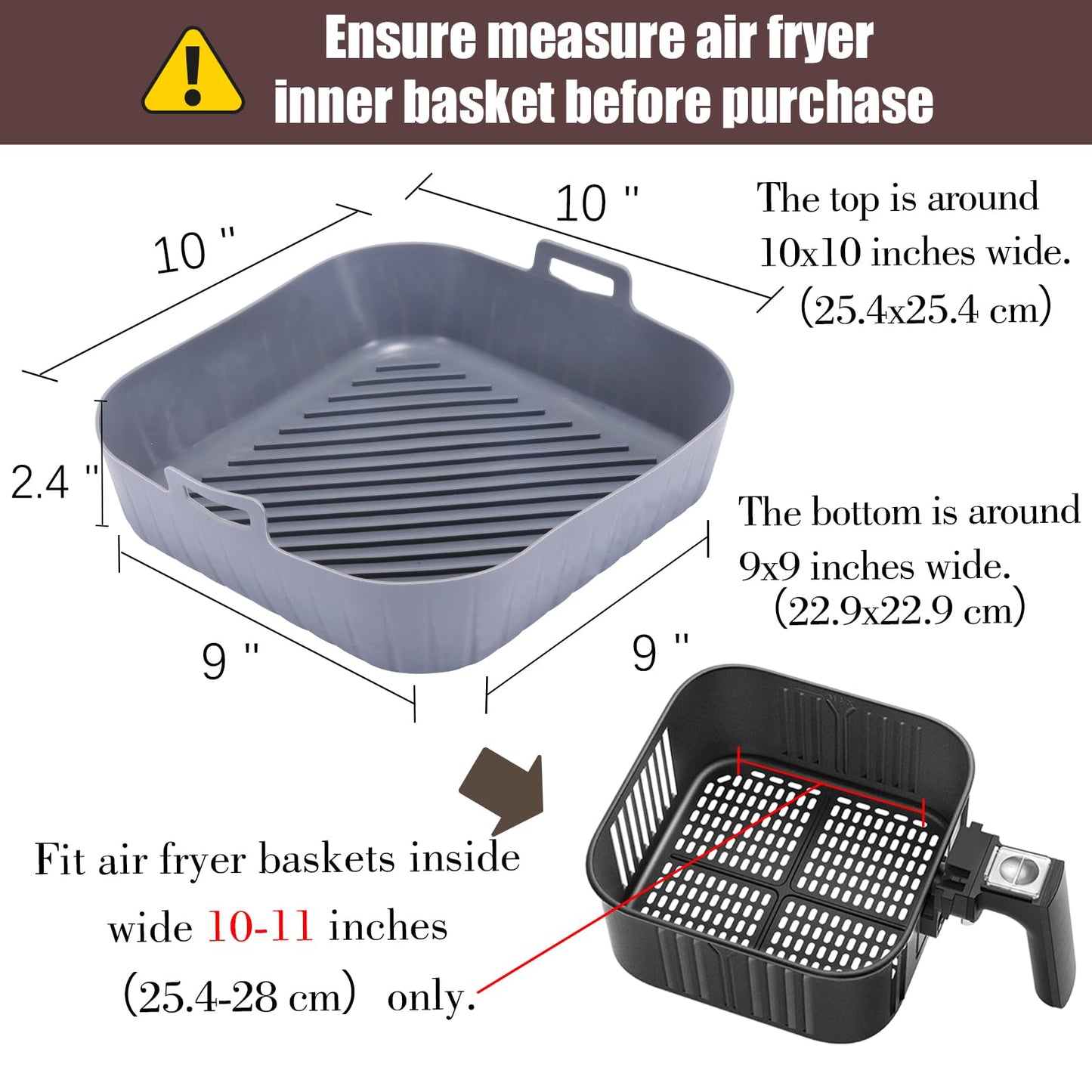Golden Associate Silicone Liners Square for Air Fryer, 2 Pcs Non-stick Food-grade Reusable Basket Silicone Pot Baking Tray Airfryer Accessories, Top Size 10 inches, Bottom Size 9 inches
