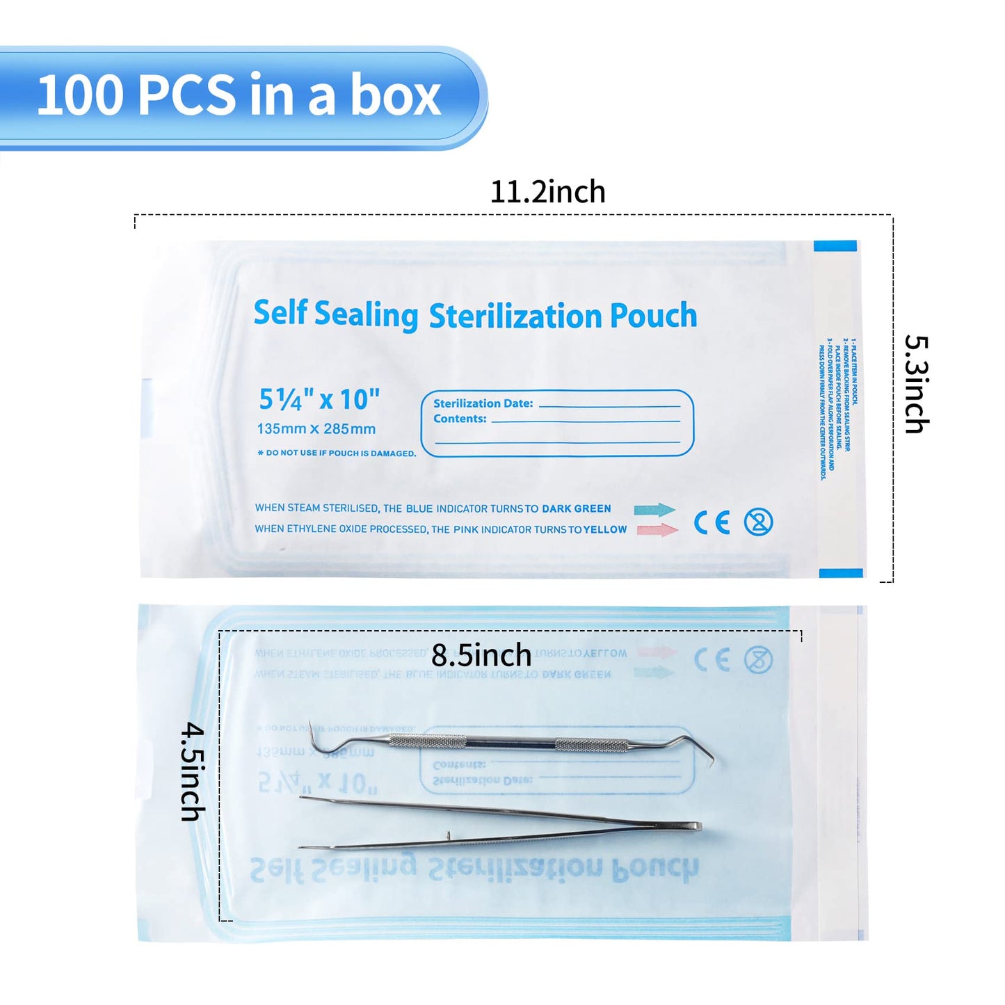Annhua 5.3 x 11" Self-Sterilization Pouches 100 PCS Self Seal Sterilizer Bags, Used for Dentist Tools, Beauty Toolkits and Nail Tools