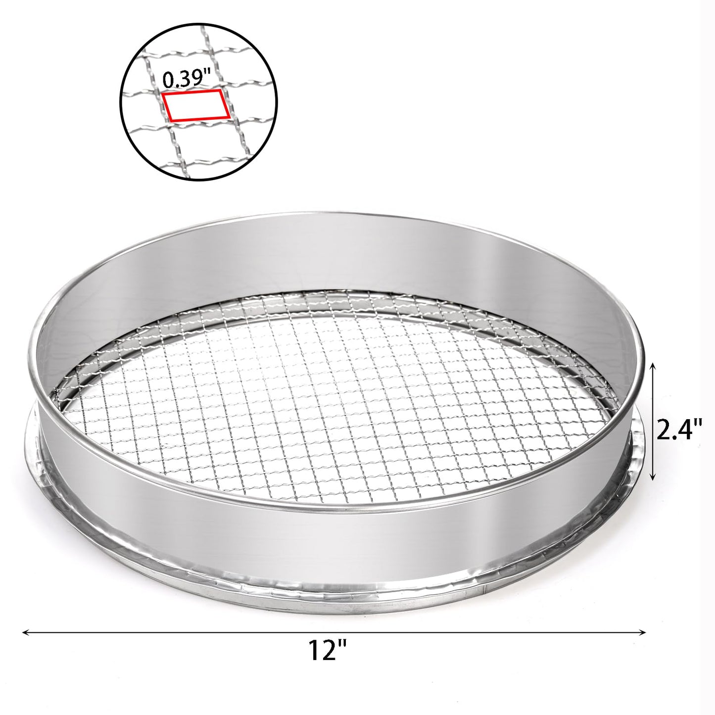 Suwimut Soil Sifter for Gardening, 12 Inch Large Stainless Steel Soil Sieve with 0.39 Inch Mesh, Garden Sifting Screen for Dirt, Sand, Rock, Filtration, Compost and Bonsai