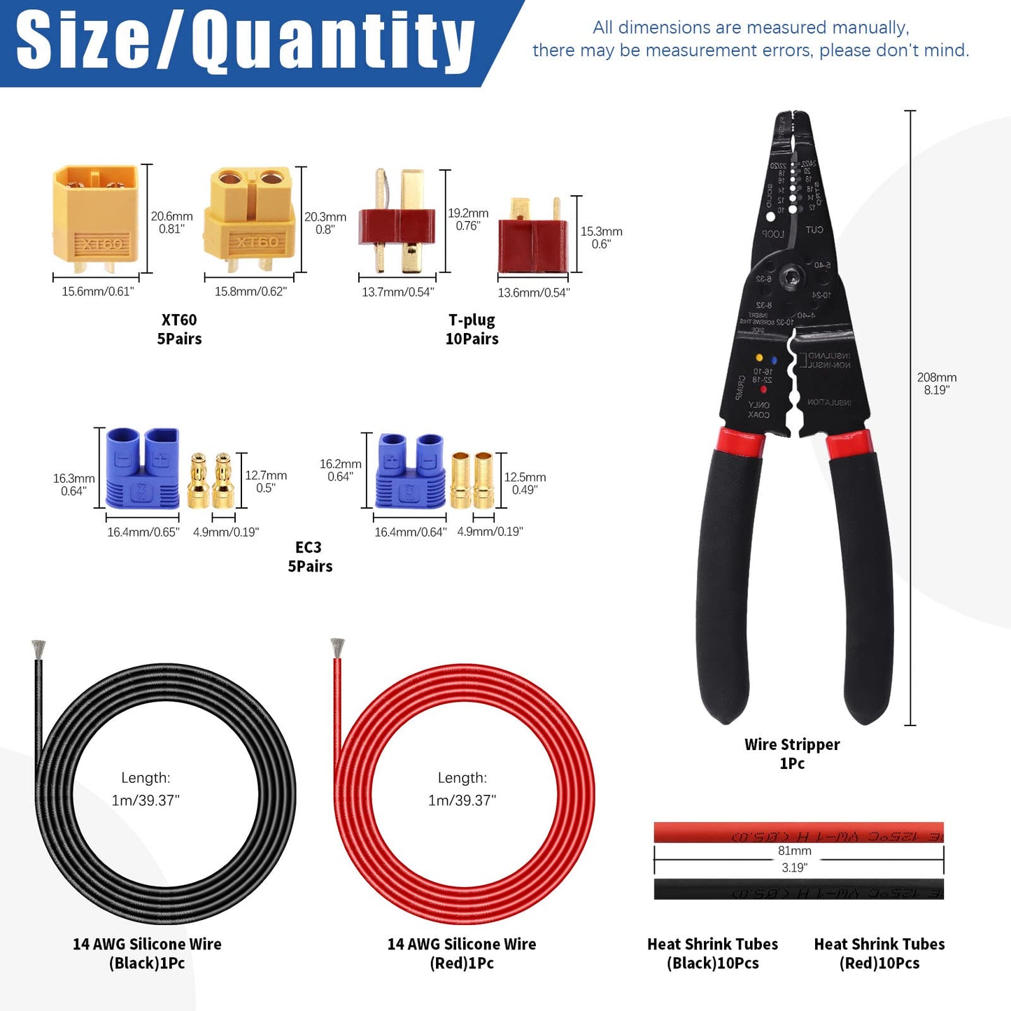 Glarks 45Pcs Wire Stripping Tool and XT60/EC3/T-Plug Deans XT60 Male and Female Connector with 14 Gauge Silicone Wire Heat Shrink Tubes for RC ESC Lipo Battery Motor
