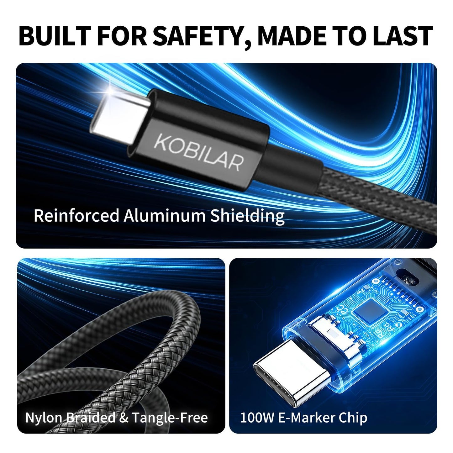 Kobilar USB C to USB C Cable, 100W 5A Super Fast Charging, PD 3.0, 5-Pack (6.6ft*5),Braided Type C Charger Cable for iPhone 17/17Pro/17Pro Max, Samsung S25/Google Pixel 8/8 Pro