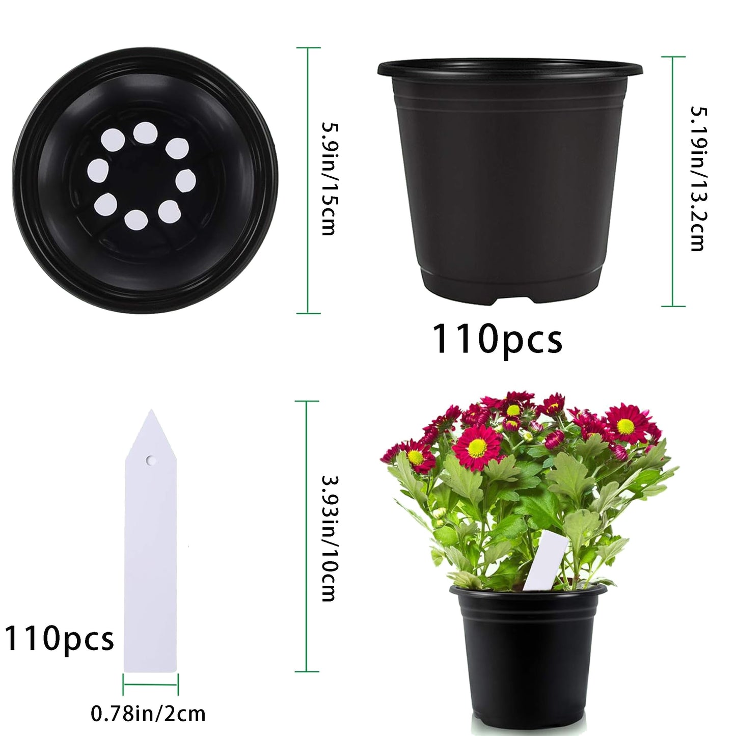 110 Pcs 0.5 Gallon Plant Nursery Pots Flower Pot Plant Seed Starting Containers 110 Pcs Labels for Flower Seedling Container Flexible Pots Flower Planter Succulents Seedlings Cuttings Transplanting