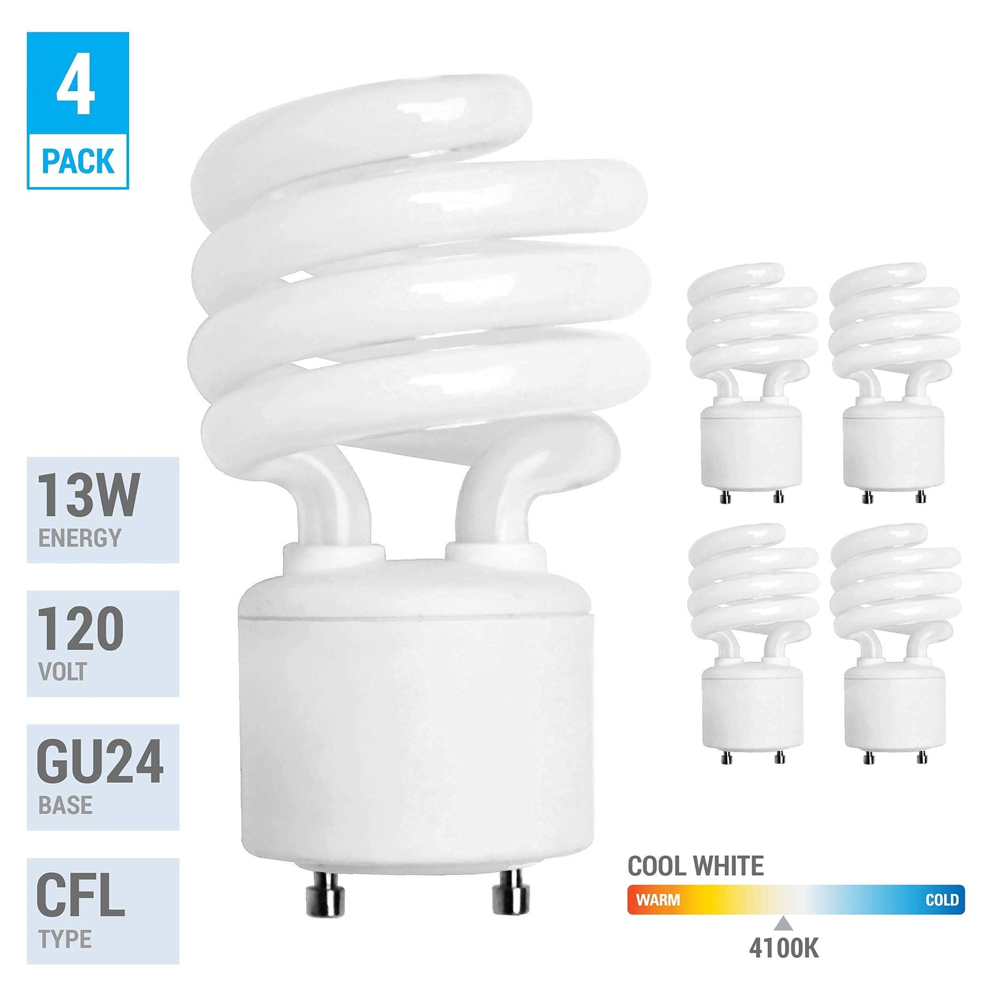 KOR (4 Pack) 13 Watt Mini Spiral - GU24 Base - (60W Equivalent) - T2 Mini-Twist - CFL Light Bulb (Cool White (4100K), CFL)