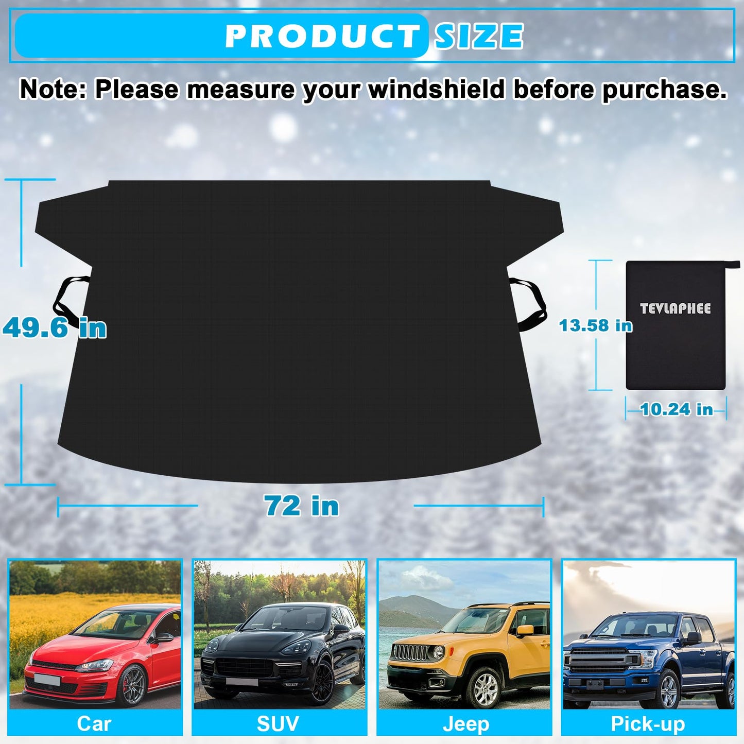 Tevlaphee Windshield Cover for Ice and Snow, Heavy Duty 600D Oxford Fabric, Waterproof, Embedded Magnets, Side Mirror Protector, Universal Fit for Cars, SUVs, Vans, Truck