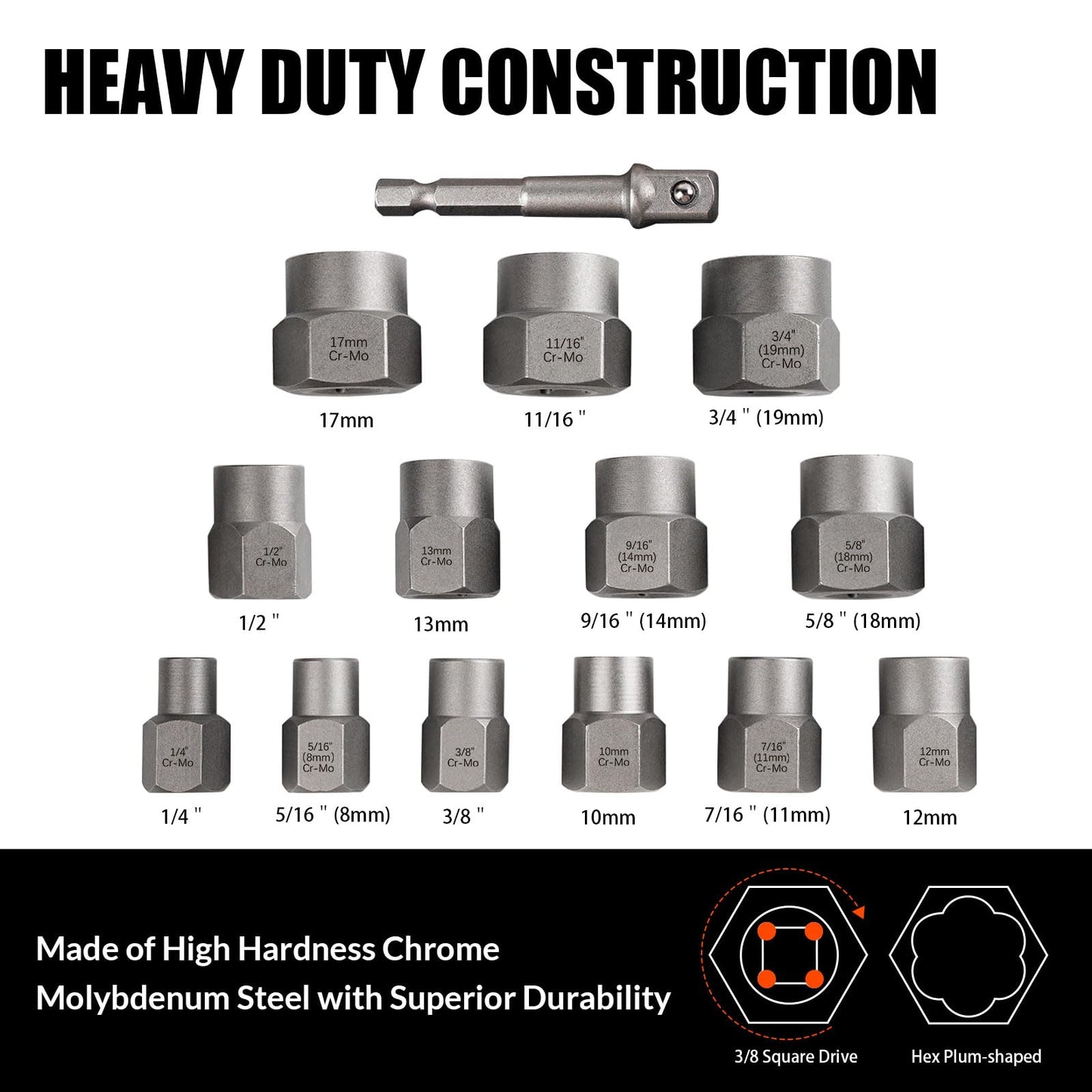 Coobeast Bolt Extractor Set Heavy Duty, 13Pcs Bolt Extractor Kit with 3/8 Inch Adapter, Stripped Lug Nut Remover, Easy Out Bolt Remover Set for Rusted, Rounded, Damaged Nuts Screws
