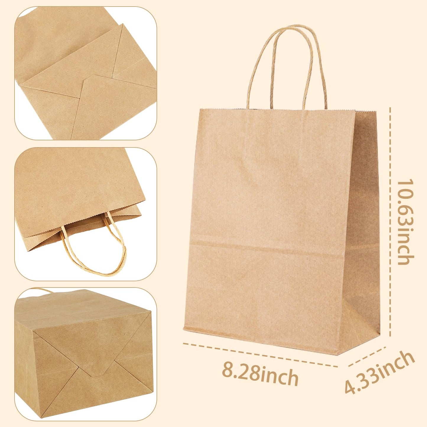 JEMLYD 50pcs Kraft Paper Gift Bags With Handles (8.5"x4.3"x10.5") – Multiuse Shopping & Retail Sacks for Party, Birthday & Business Favors, Recycled Craft Merchandise Bags (Brown, M)