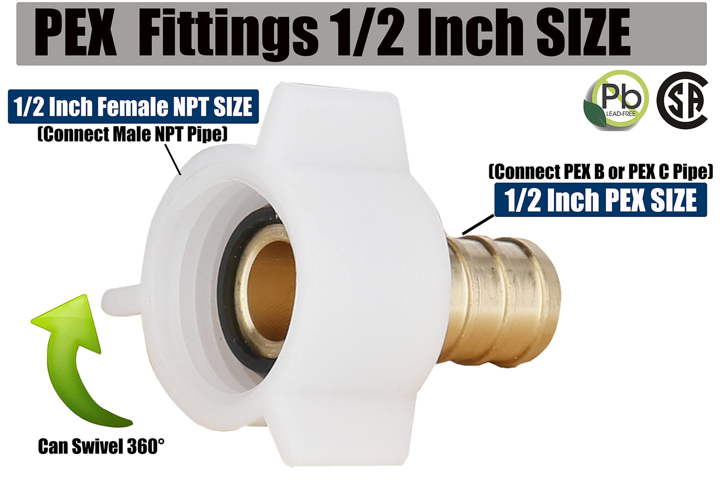 WHK Pex Adapter 1/2 inch X 1/2 Pex Female Fittings NPT PEX Swivel Adapter,RV PEX Plumbing Fittings Brass Crimp Fitting Pex Faucet Connector - Lead Free(6Packs)…