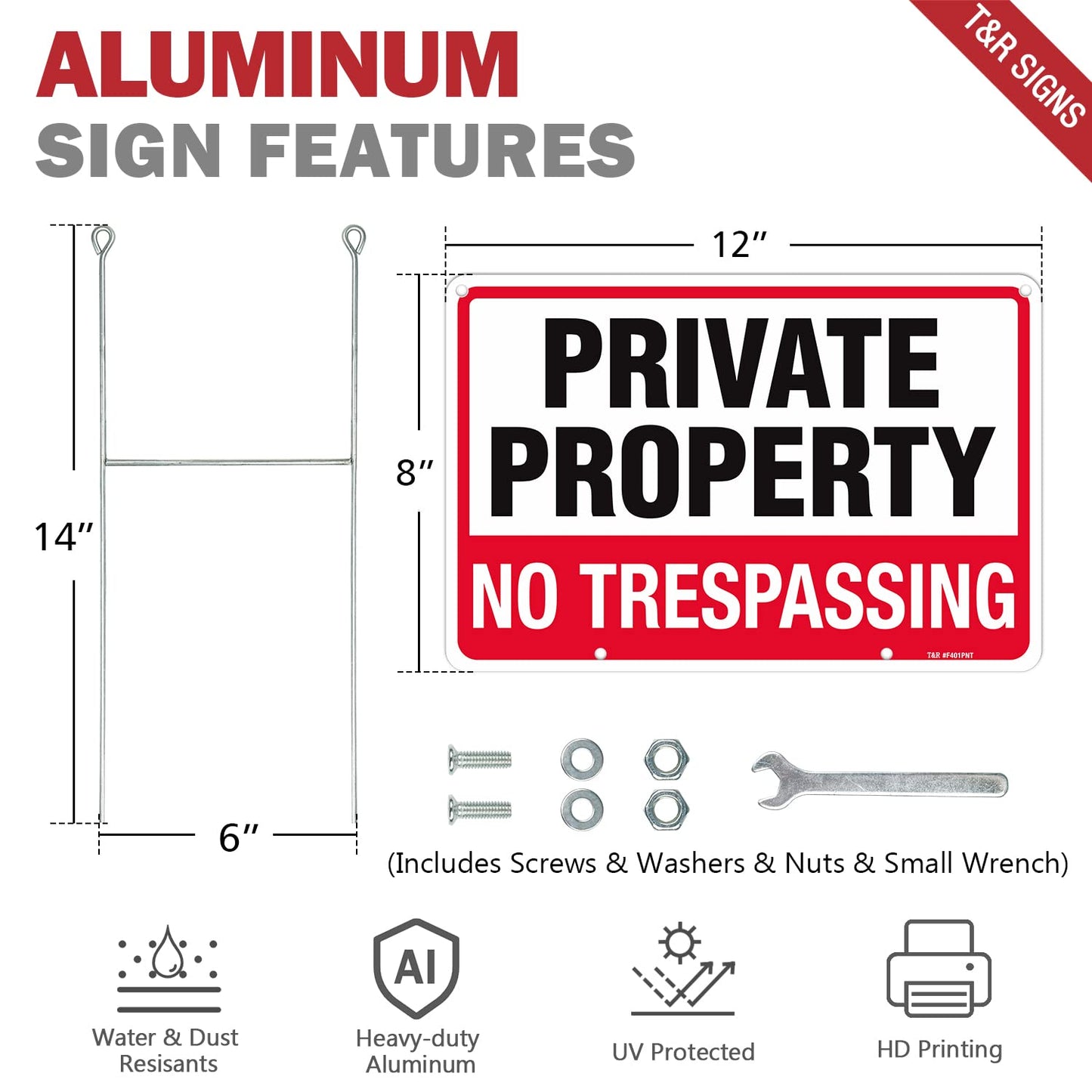 T&R No Trespassing Sign Private Property Sign with H Stake for Outside,3 Pack,12"x8" .040 Rust Free Heavy Aluminum, Waterproof,Includes Matching Screws & Wrench, Easy to Mount
