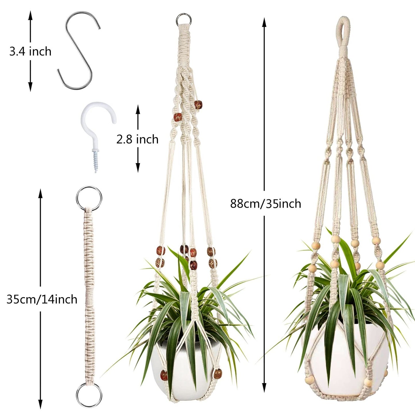 Augshy Macrame Plant Hanger, 2Pcs Hanging Holder with Extender Hangers for Indoor Outdoor Decor Macrame Hanging Basket with 4 Hooks