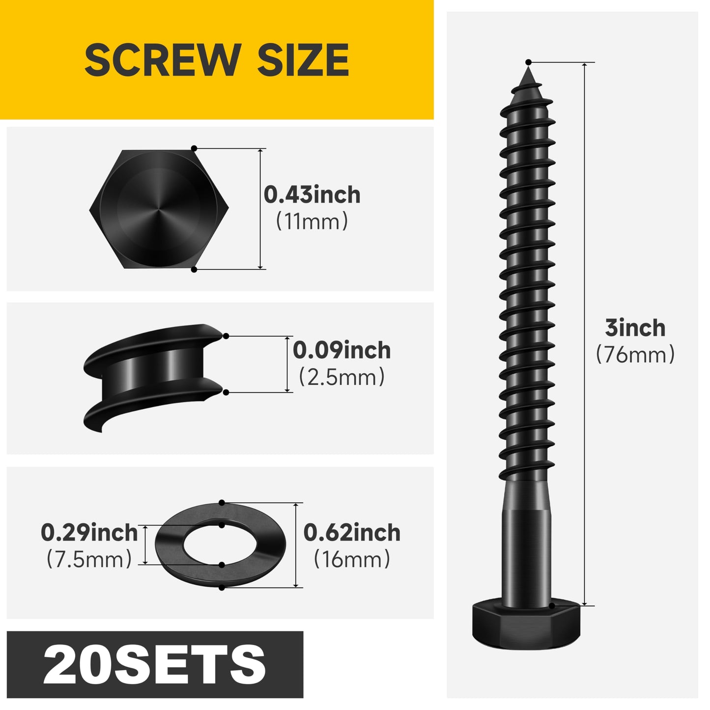 (20Sets) 1/4" x 3" Hex Head Lag Bolts, Heavy Duty Lag Screws with Washers, 304 Stainless Steel Bolts 18-8, Lag Screws Wood Screws, Partial Thread Black Oxide, 1/4 Bolt by Mywish