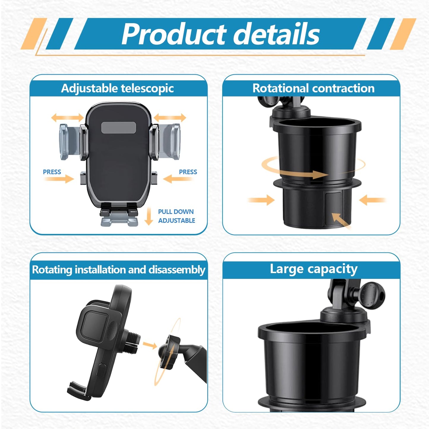 SAMPUSS 2-in-1 Phone Holders for Your Car, Car Cup Holder Phone Mount with Long Arm & 360°Rotation-Universal Smartphone Holder, Expands Cup Holder Space, Compatible with All iPhone and Android Devices