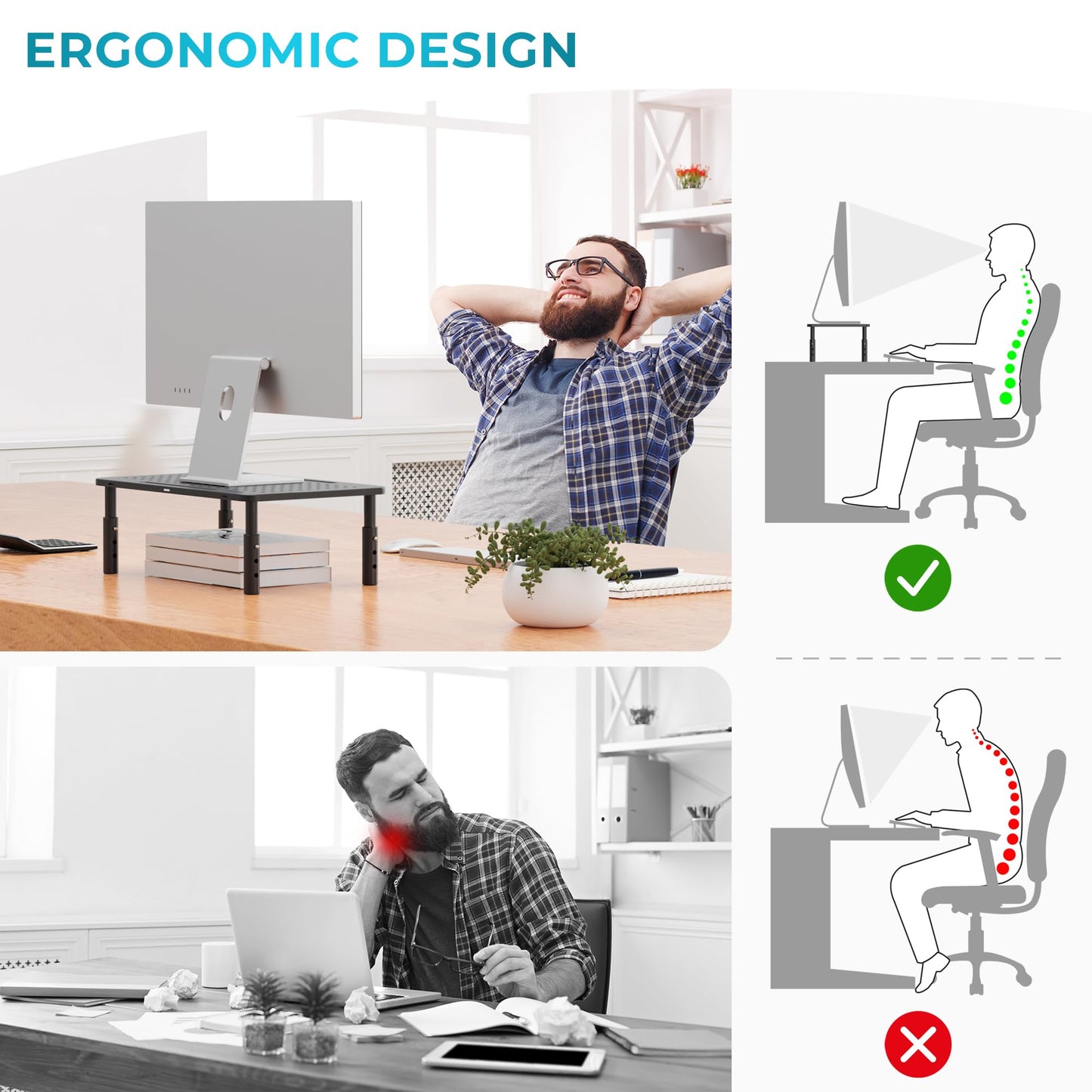 BONTEC 2 Pack Monitor Stand Riser, 3 Height Adjustable Monitor Stand for Desk, Computer Monitor Riser Stand with Mesh Platform for Laptop, Computer, iMac, PC (Black, 2 Pack Normal)
