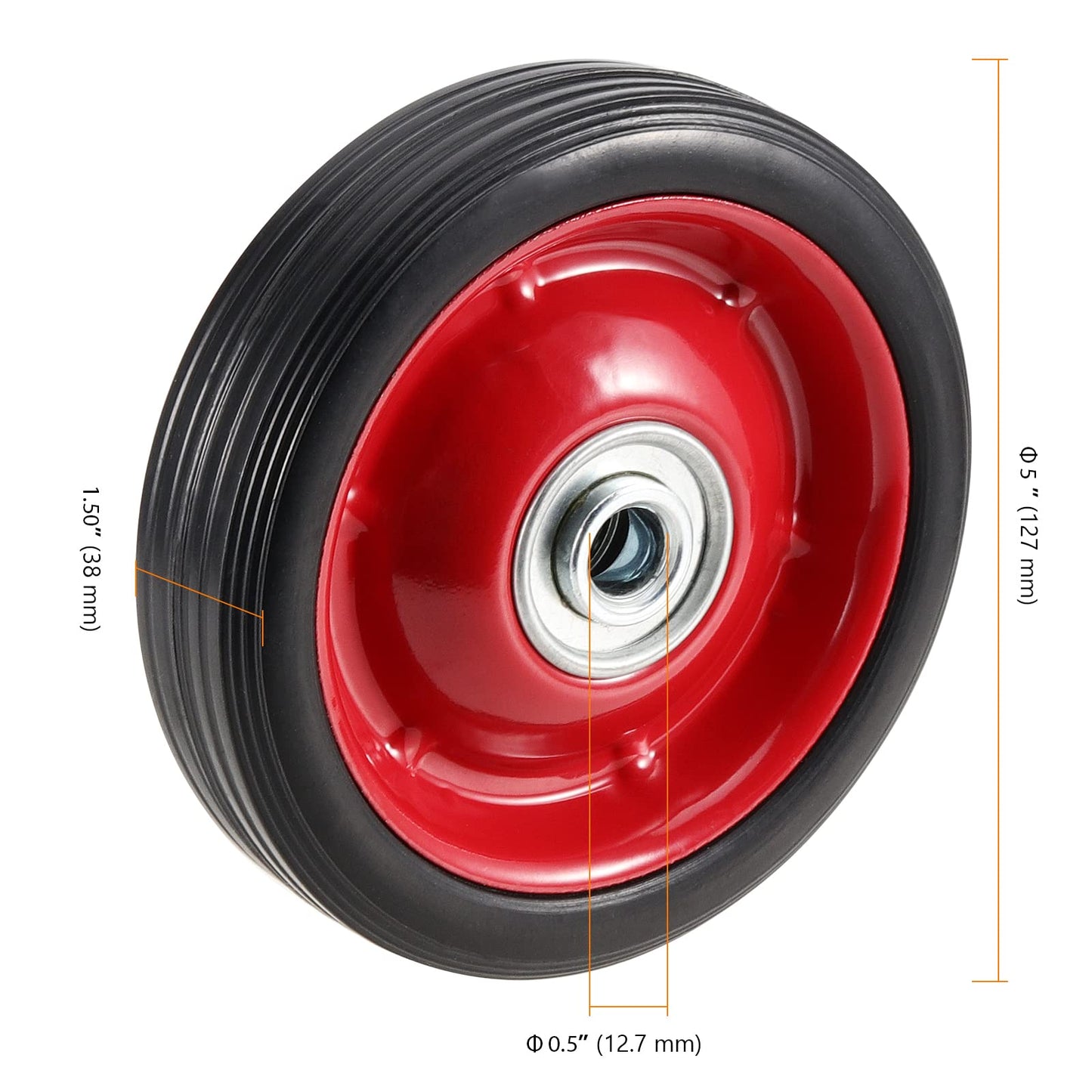 SEUNMUK Solid Rubber Wheel Tire, Hand Truck Replacement Wheels, 4 Pack 5" x 1.5", 1/2 Inch Axle Hole, 88 lbs Capacity for Hand Trucks, Garden Cart, Lawn Cart, Mower
