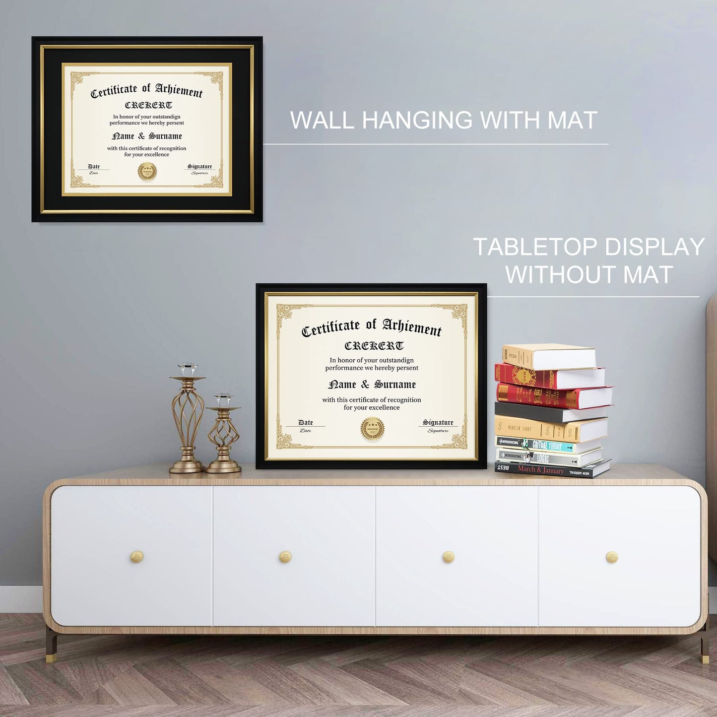 CREKERT Diploma Frame 11x14 College Degree Frame Solid Wood Shatter-Resistant Glass for Documents Certificate Blackgold Frame 8.5x11 with Mat (Black Mat, 1 Pack)