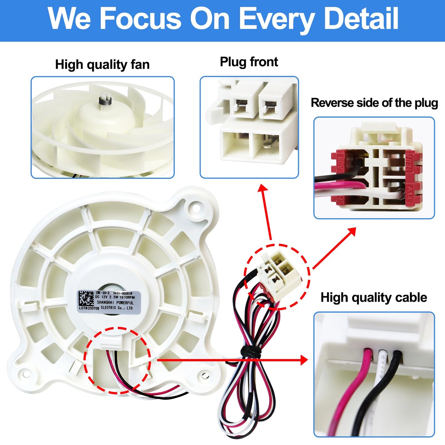 DA31-00287B Refrigerator Evaporator Fan Motor Replacement for Samsung Refrigerator Freezer Fan Motor Parts,Replaces DA96-00968A DA31-00334A 3954921 AP5948644 PS9494284 EAP9494284 Fridge Parts