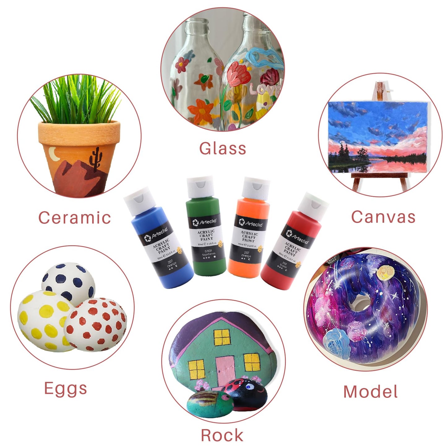 Artecho Acrylic Paint Set 24 Colors 2oz/59ml with 12 Brushes, Painting Kit for Adults, Beginners on Glass, Wood, Ceramic, Rock, Window, Craft, Model