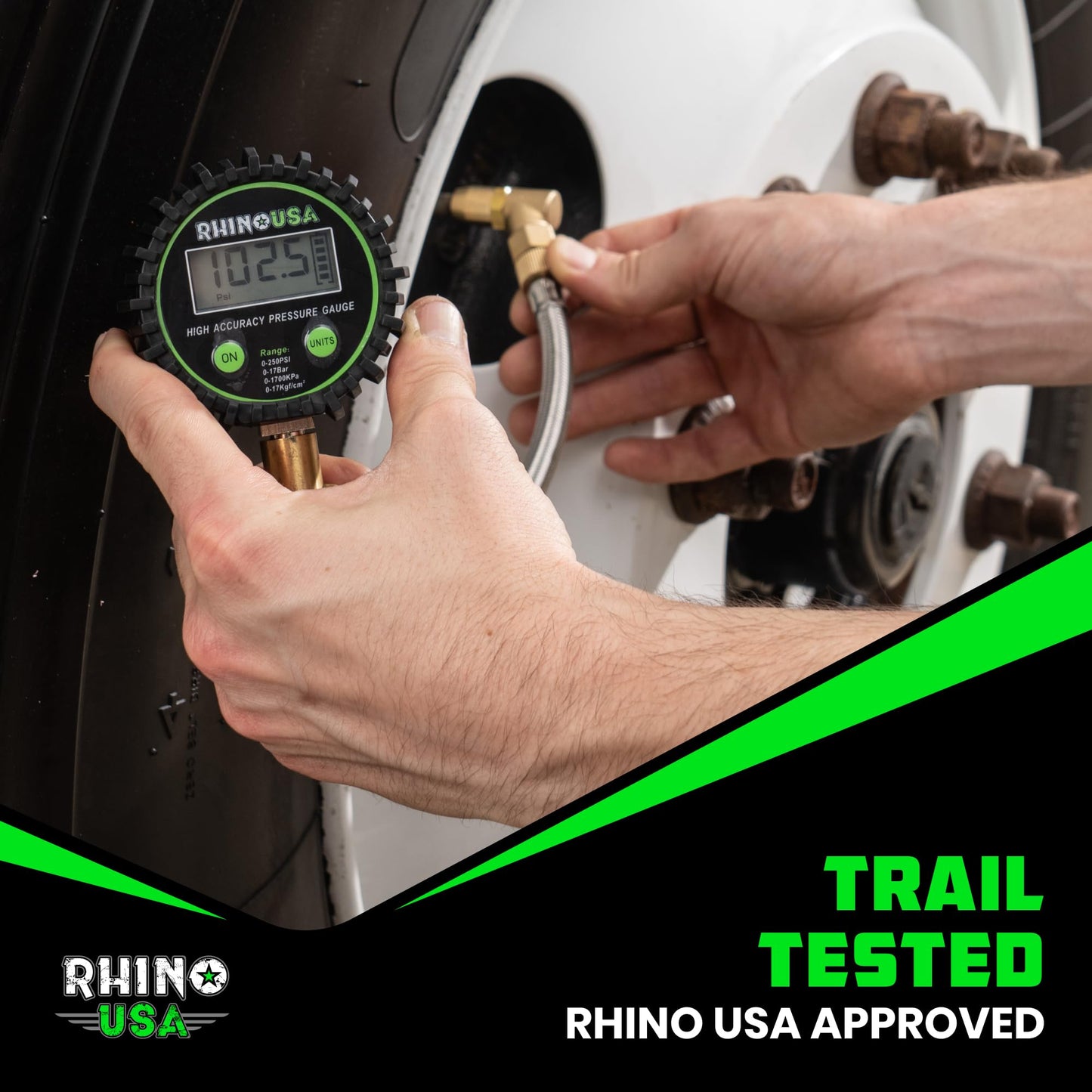 Rhino USA Digital Tire Pressure Gauge (0-250 PSI) - Professional ANSI B40.7 Accurate, Easy Read Glow Dial, Premium Braided Hose - Heavy Duty Air Guage for Truck Tires, Cars, Semi, RV & More!