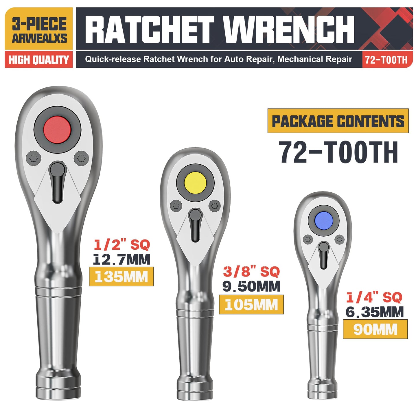Arwealxs 3-Piece Stubby Ratchet Set, 1/4", 3/8", 1/2" Drive Ratchet Handle, 9cm, 10.5cm, 13.5cm Ratchet Wrench, 72-Tooth Quick-Release, Full Polished, for Auto Repair, Mechanical Repair
