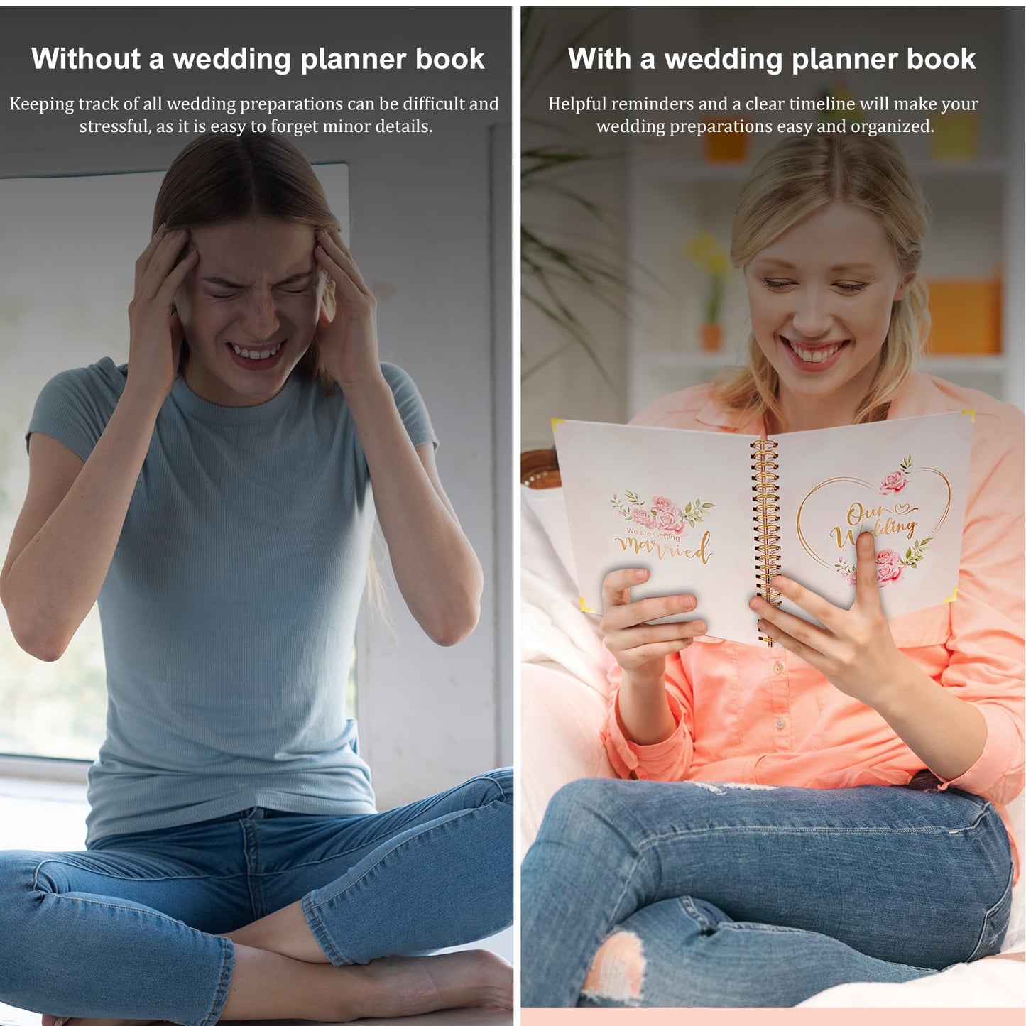 Wedding Planner For Bride-A4 Bridal Wedding Planning binder With 5 Tabbed Sections+Wedding Countdown Calendar,Unique Engagement Gifts For Couples,Pink Love