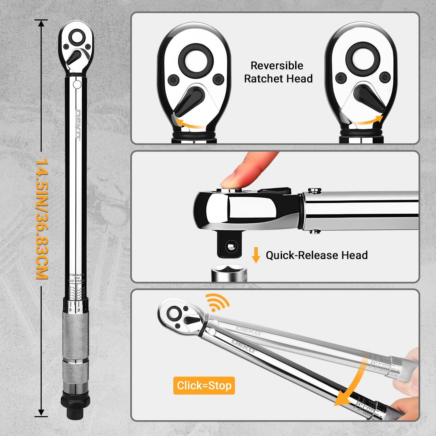 DEKOPRO 3/8 Inch Drive Dual-Direction Torque Wrench, 5-50 Ft-Lb & 6.8-67.8 Nm Range, ±3% Precision, 72-Tooth Chrome Vanadium Ratchet, 14.5inches Anti-Slip Matte Handle