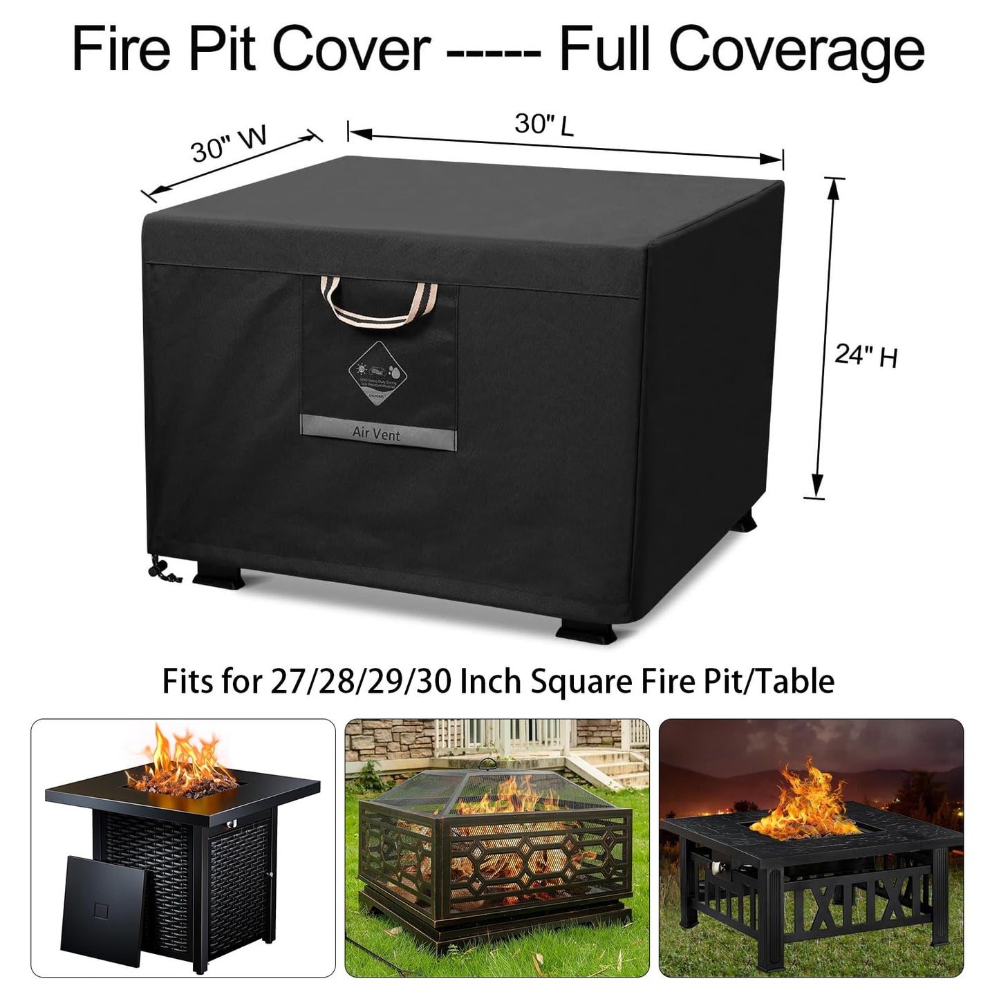 QH.HOME Fire Pit Cover Square Super Waterproof, 30" L x 30" W x 24" H Outdoor Firepit Table Cover 600D Strong Tear Resistant, UPF 50+ Fire Pit Cover Fading Resistant for Square Fire Pit - Black