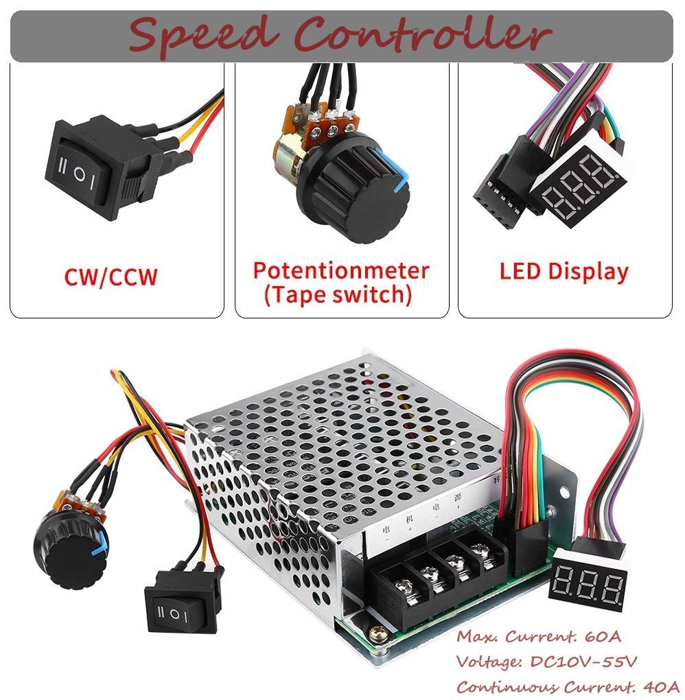PWM DC Motor Speed Controller, DC10V-55V PWM Brushed DC Motor Controller, Adjustable DC Motor Speed Controller, CW CCW Reversible Switch with Digit Display, for DC Brush Motor