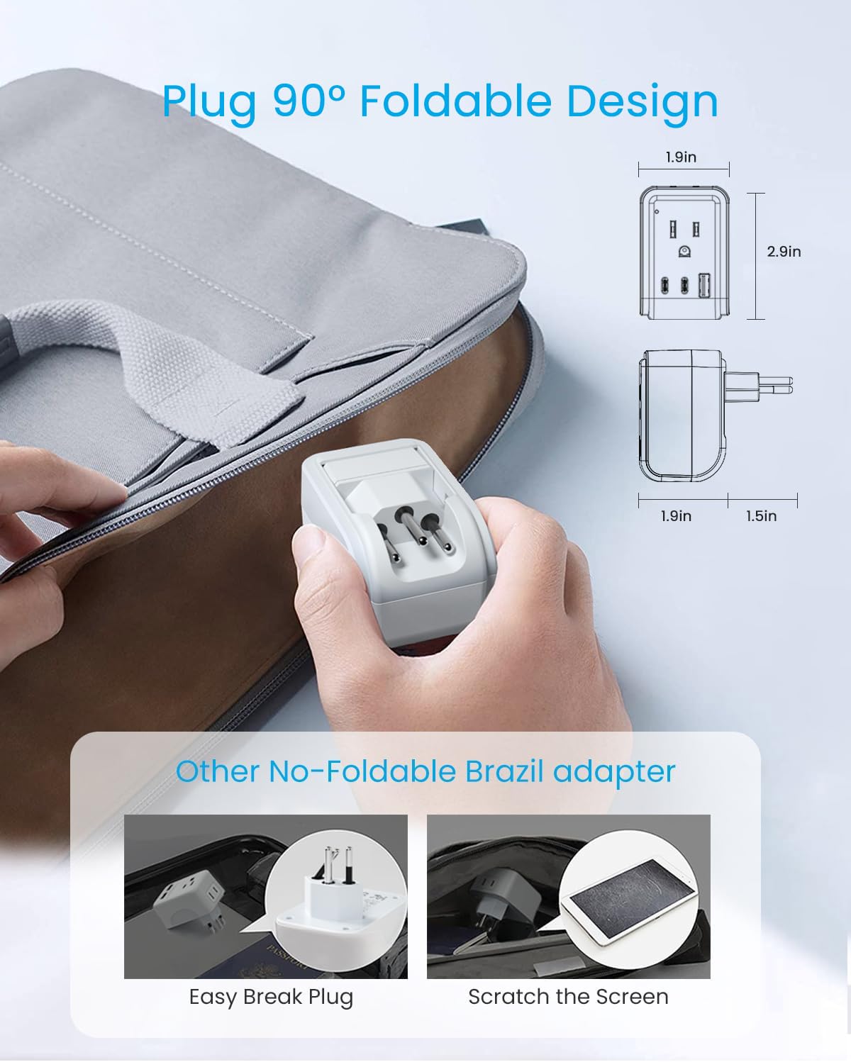1 Pack Brazil Travel Adapter, VINTAR Foldable Type N Plug Adapter with 2 AC Outlets 3 USB Ports(2 USB C), Brazil Outlet Power Plug for Canada to Brazilian