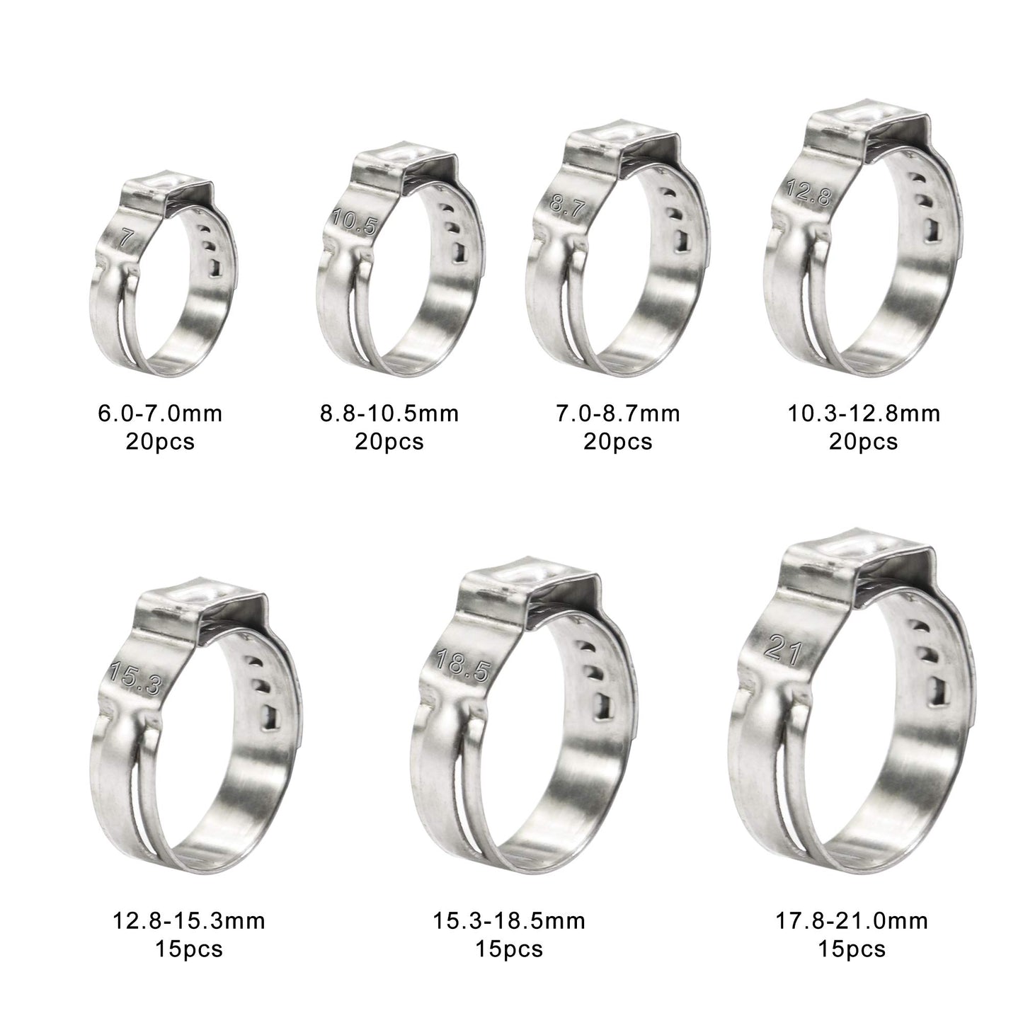 125PCS Single Ear Hose Clamps 7-21mm Sizes 304 Stainless Steel Pipe Fuel Line Clips kit