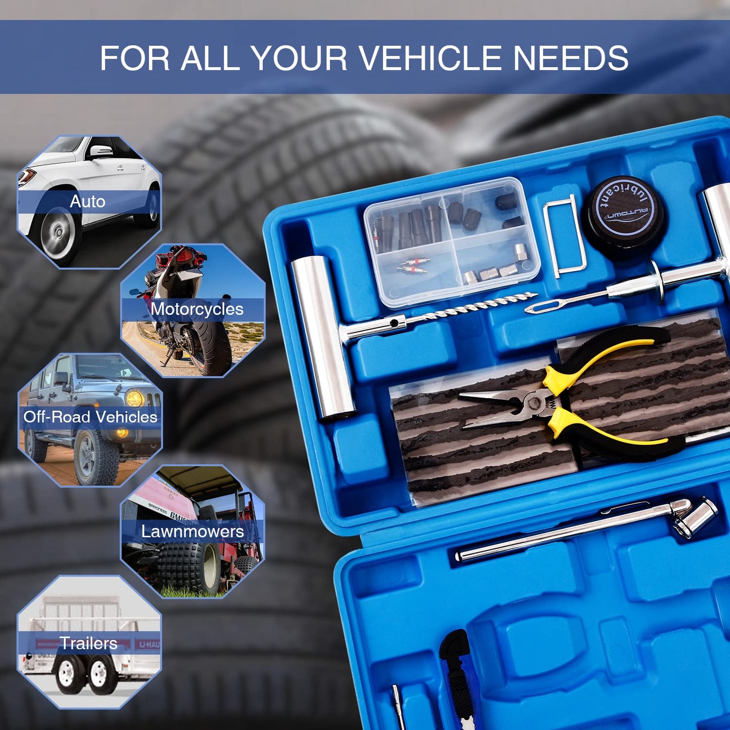 AUTOWN Tire Repair Kit - 68pcs Heavy Duty Tire Plug Kit, Universal Tire Repair Tools to Fix Punctures and Plug Flats Patch Kit for car Motorcycle, Truck, ARB,ATV, Tractor, RV, SUV, Trailer