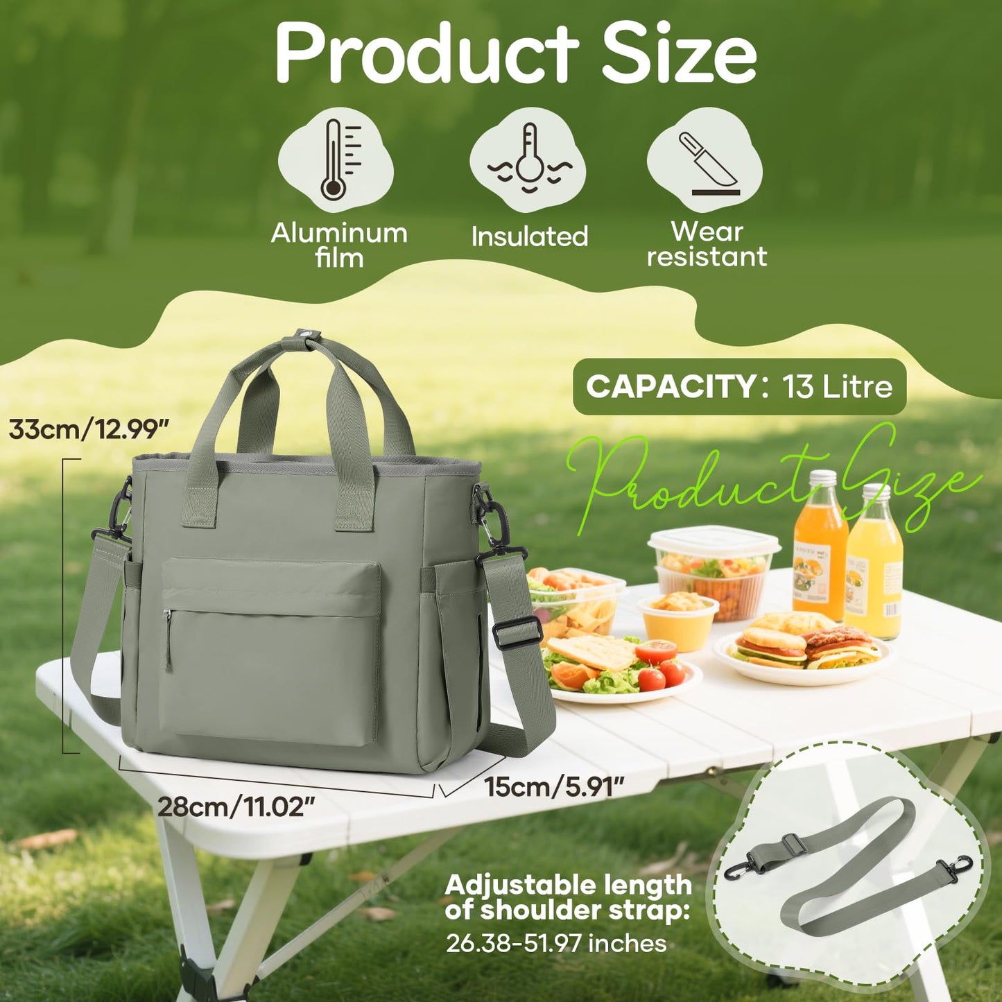 Lunch Bag Insulated Lunch Box Leakproof Lunch Tote Bags for Women Men,Portable Thermal Cooler Bag Lunch Containers with Shoulder Strap for Work, Family, Picnic, School, Outdoor,BBQ C5-Greygreen