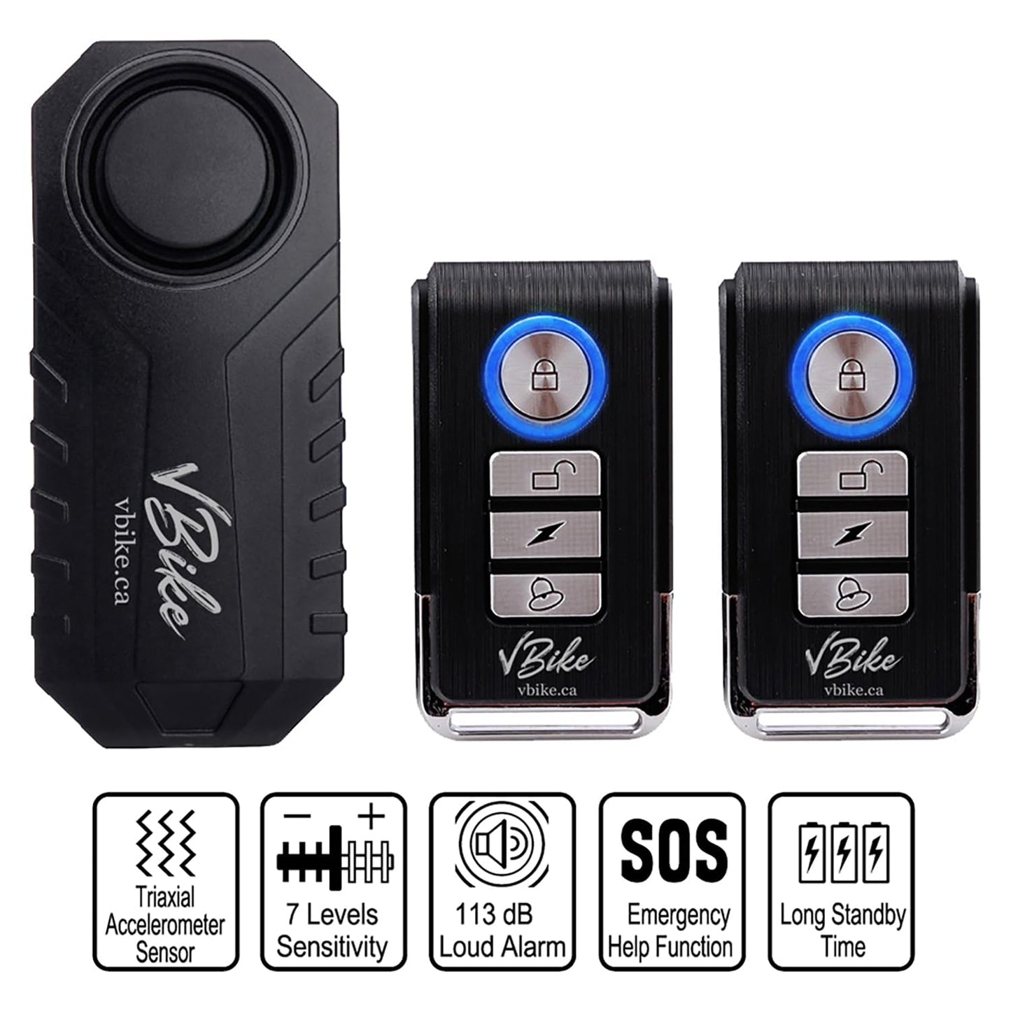 vBike Anti-Theft Alarm System,for eBike, Bike, Motorcycle, and Trailer Wireless with Two Remote Controls, Vibration Motion Sensor, Waterproof, 113dB Loud Alarm with Seven Sensitivity Level
