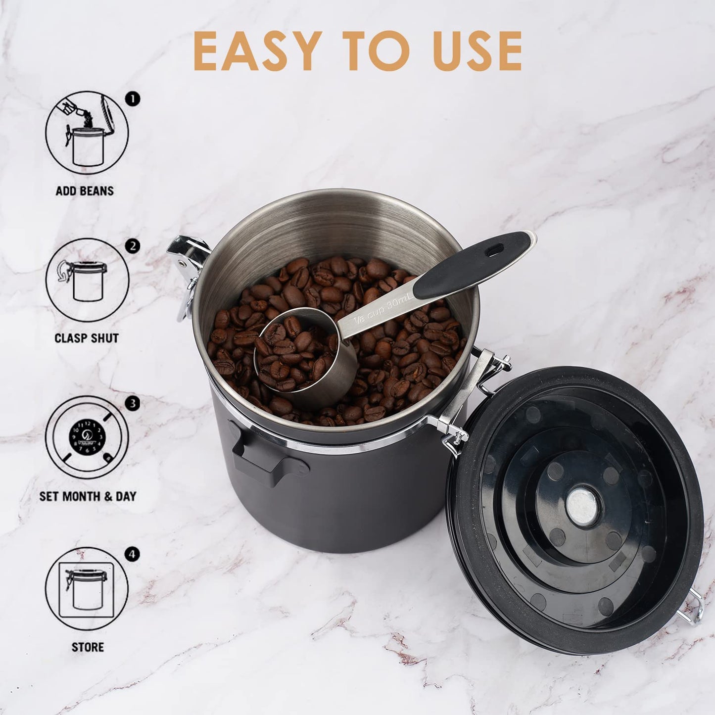 Pitmoly Airtight Coffee Canister with CO2 Valve,16OZ Food Storage Container, 1.5L Stainless Steel Coffee Storage Jar with Date Tracker and Measuring Scoop for Coffee Beans, Grounds, Sugar and Flour