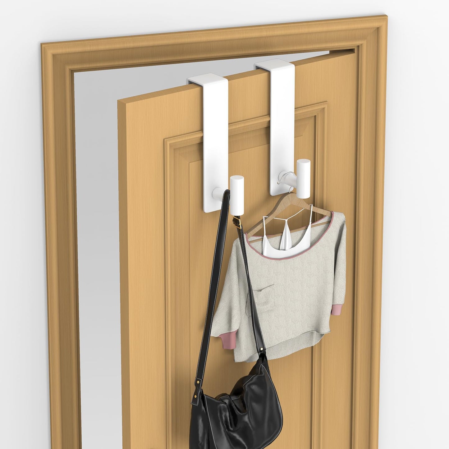 PMMASTO Over The Door Hooks 2-Pack, Rustproof Stainless Steel Door Hanger with Non-Slip Pads for Towels Coats Wreath Bathroom Kitchen Entryway Office (White, Fits 1-3/4" Thick Door-T Shape)