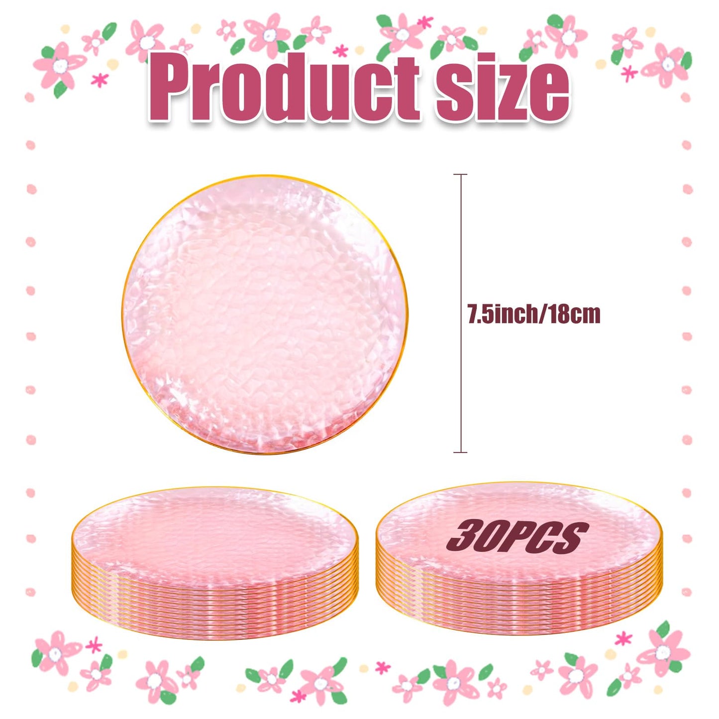Auch 30 Pack Hammered Plastic Plates Heavyweight Disposable Plastic Plates Elegant Clear Rim Platsic Party Dishes, Hammered Pink with Gold Rim, 7.5 Inch Plates
