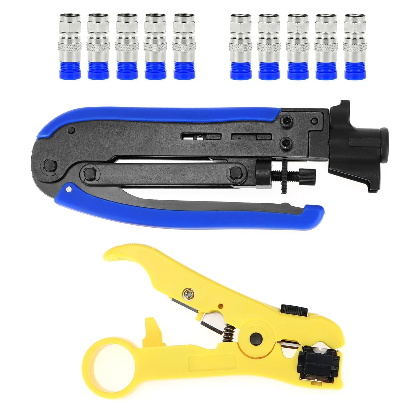 QWORK Coax Cable Crimper Kit with Adjustable Crimping Capability for RG6, RG59, RG11, Precision Cable Stripping and Cutting Tools with 10 RG6 F Connectors