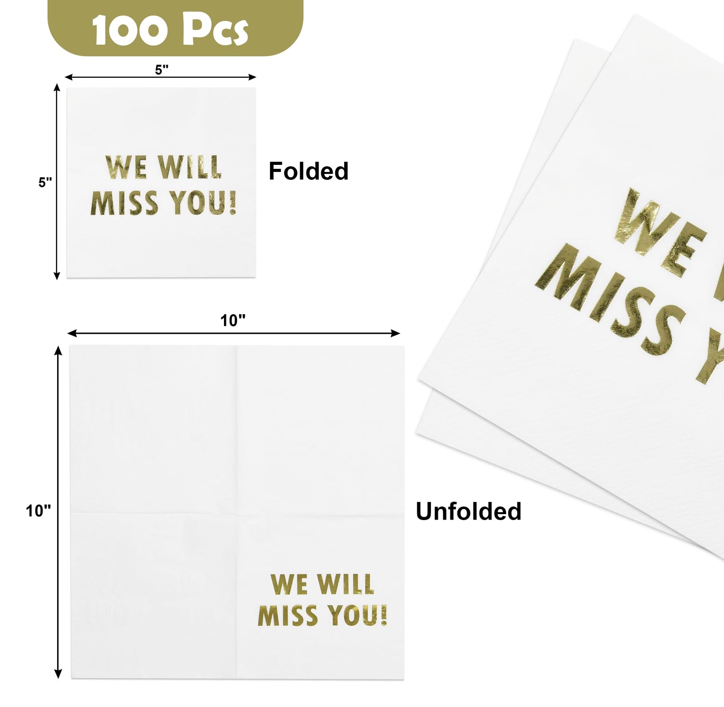 100 Pcs We Will Miss You Cocktail Napkins White Gold Farewell, Going Away, Retirement Party Decorations Supplies, Graduation, Coworker Leaving Goodbye, Military Army Good Luck, Moving Celebrations